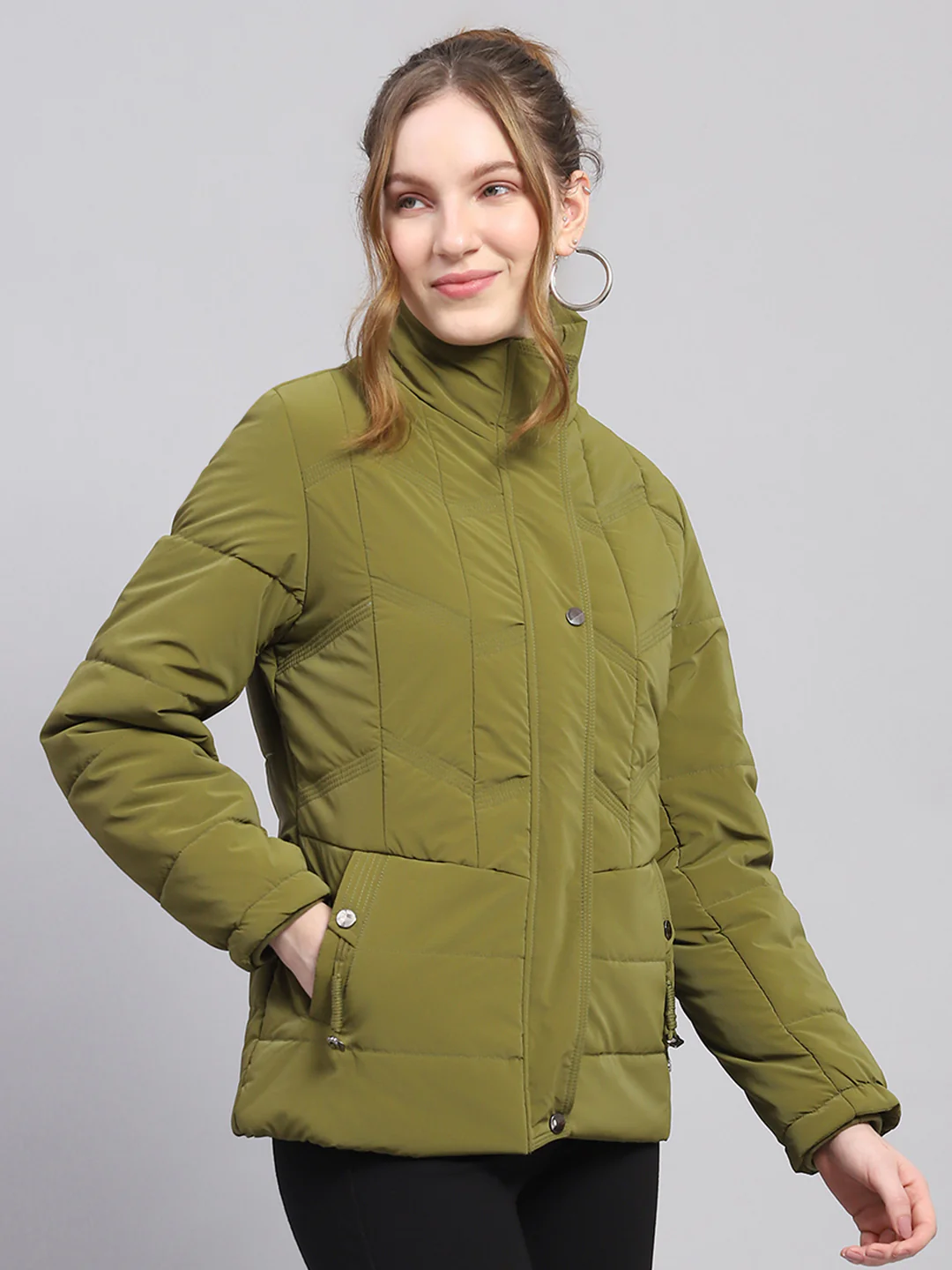 Women Green Solid High Neck Full Sleeve Jacket - Image 4