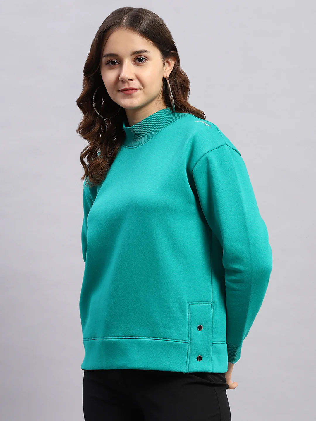 Rock.it Women Green Solid High Neck Full Sleeve Sweatshirt - Image 3