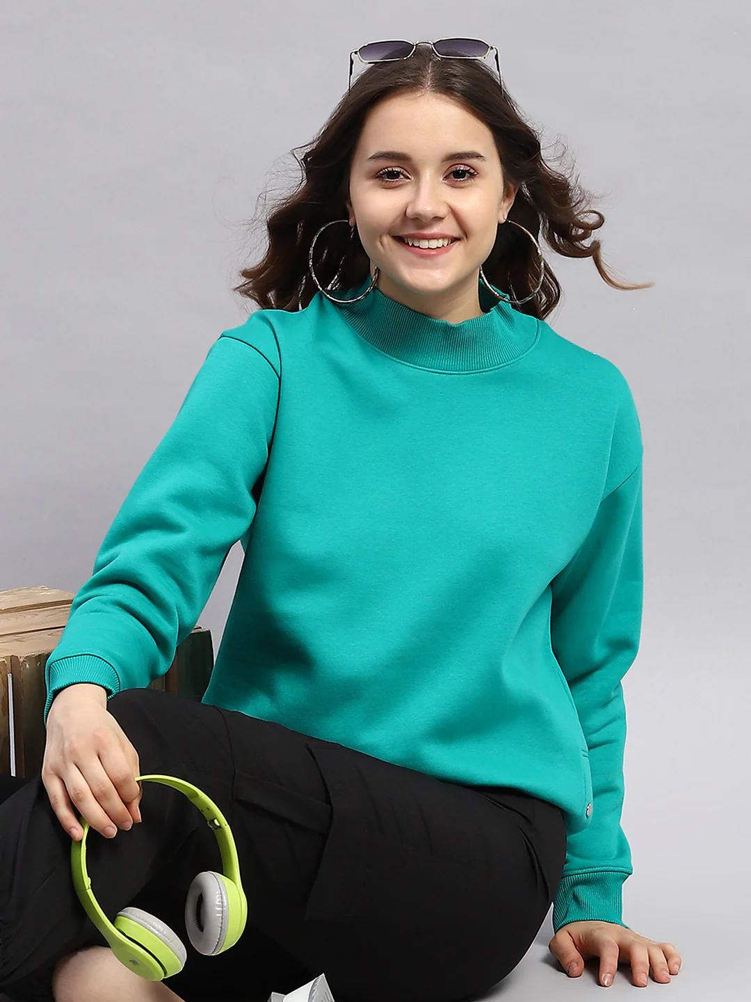 Rock.it Women Green Solid High Neck Full Sleeve Sweatshirt - Image 6