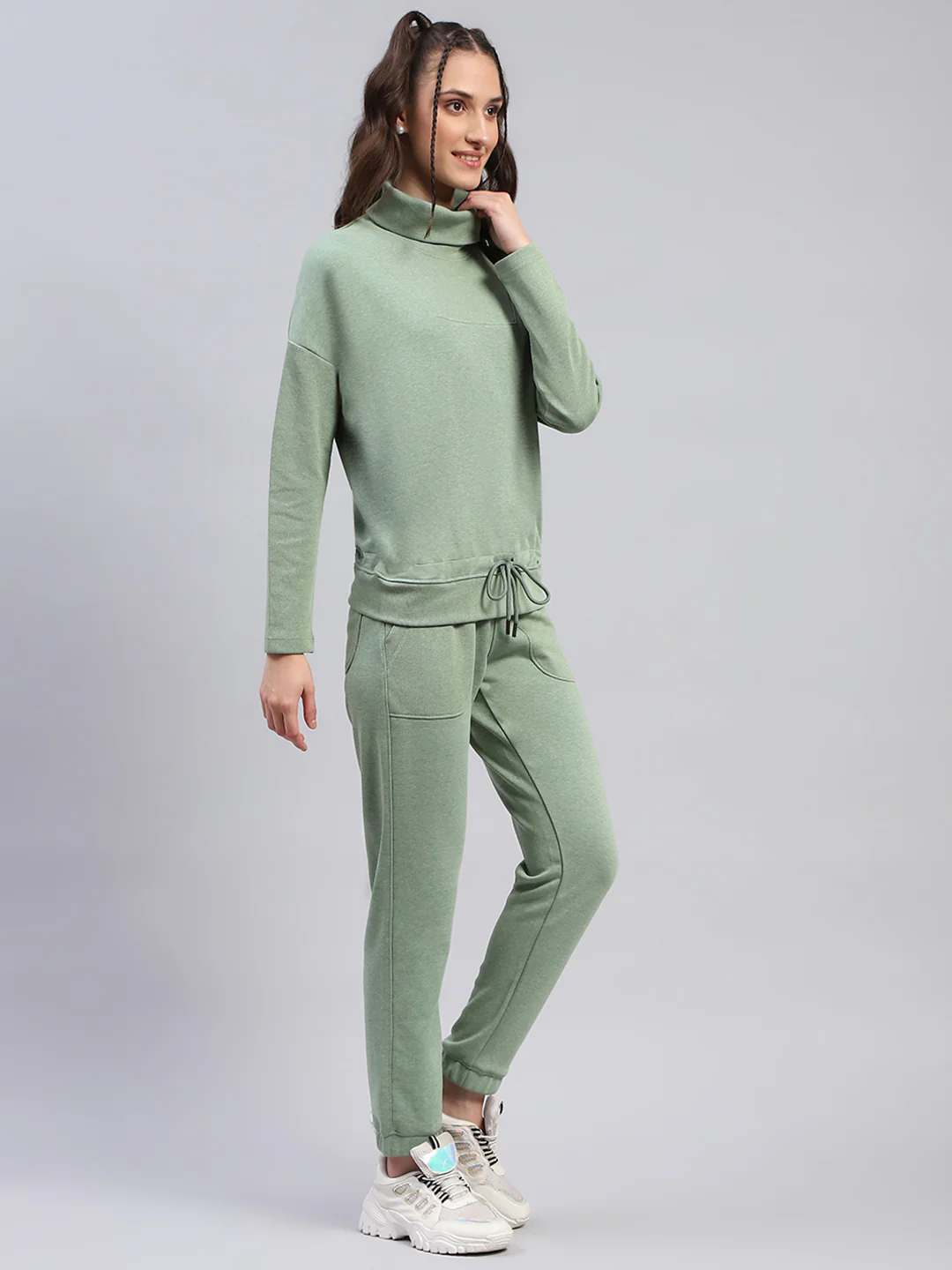 Rock.it Women Green Solid High Neck Full Sleeve Tracksuit - Image 4