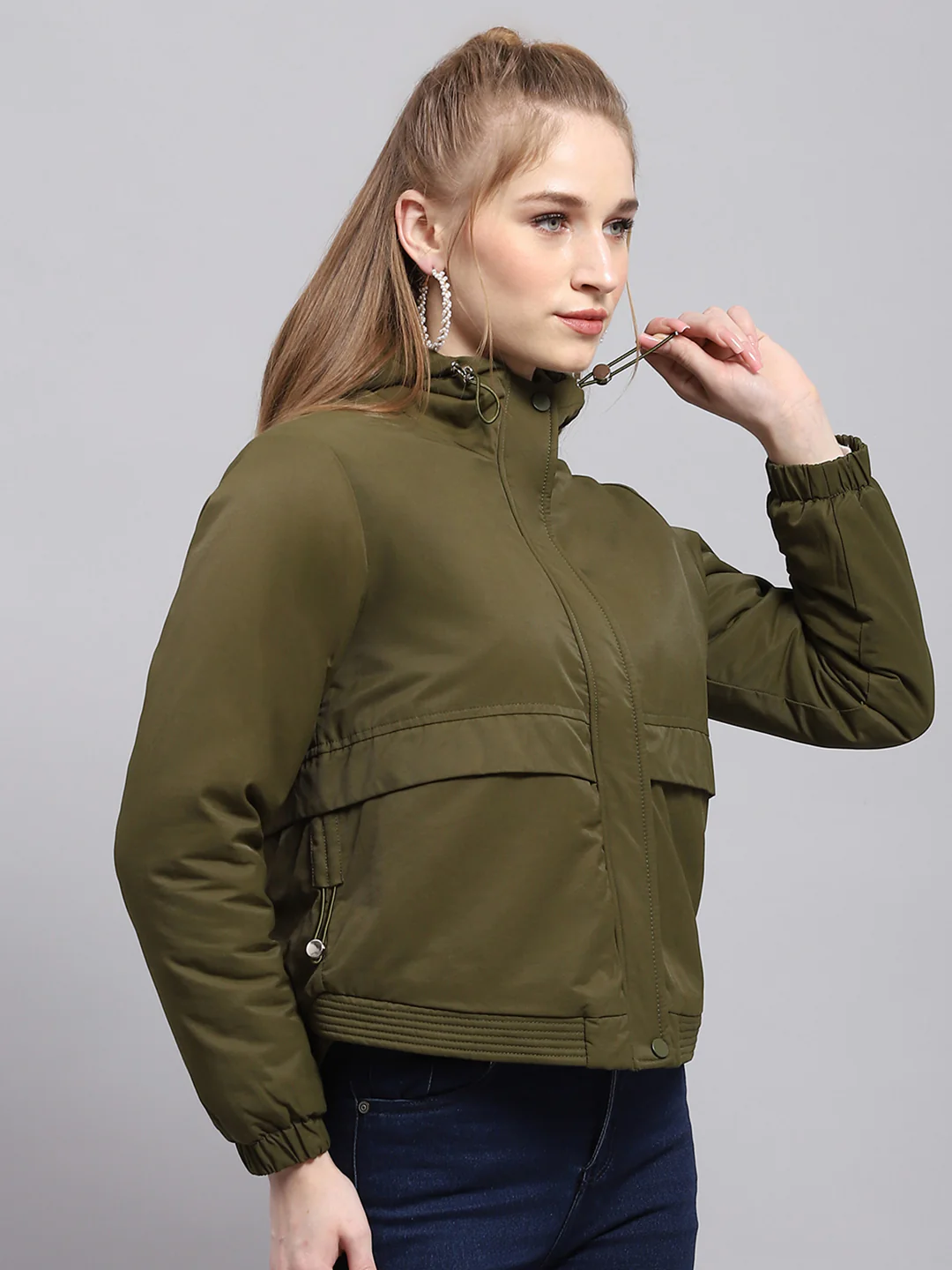 Women Green Solid Hooded Full Sleeve Jacket - Image 4