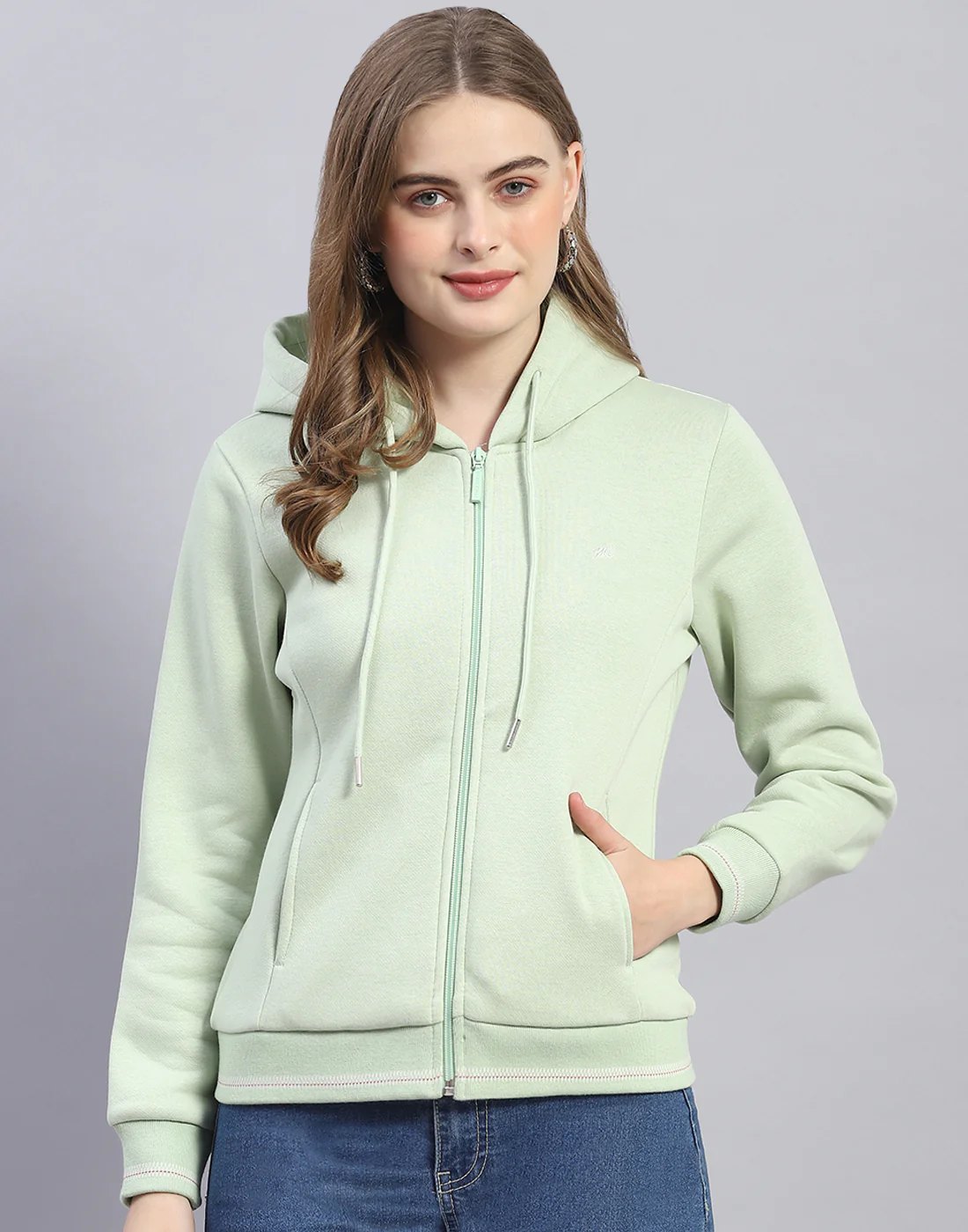 Women Green Solid Hooded Full Sleeve Sweatshirt - Image 2
