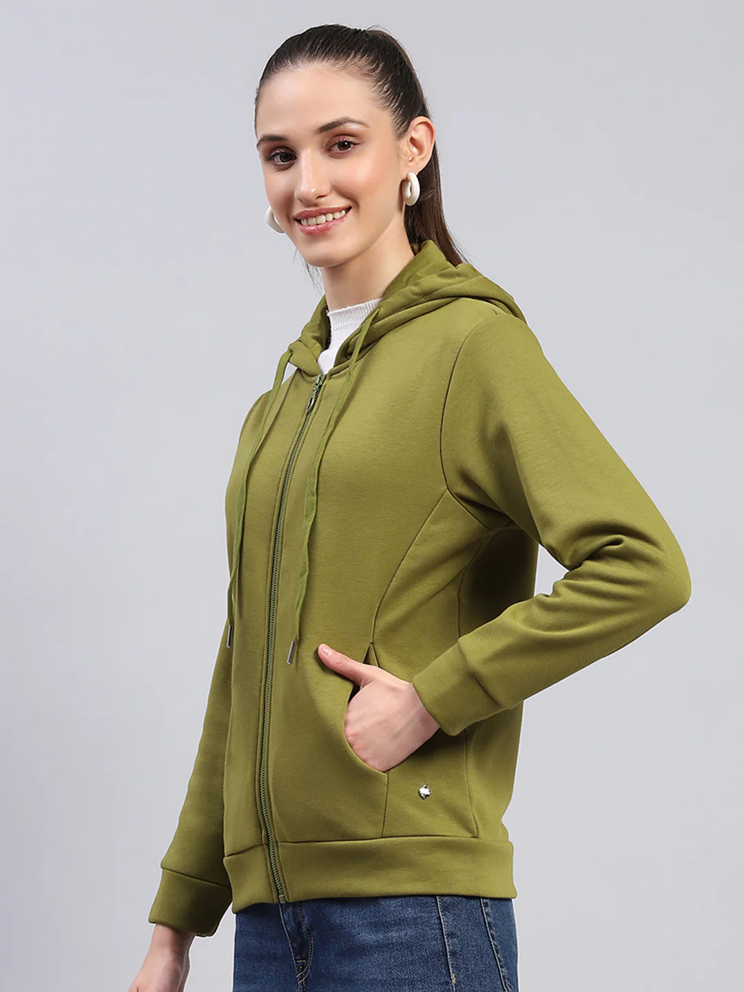 Women Green Solid Hooded Full Sleeve Sweatshirt - Image 3