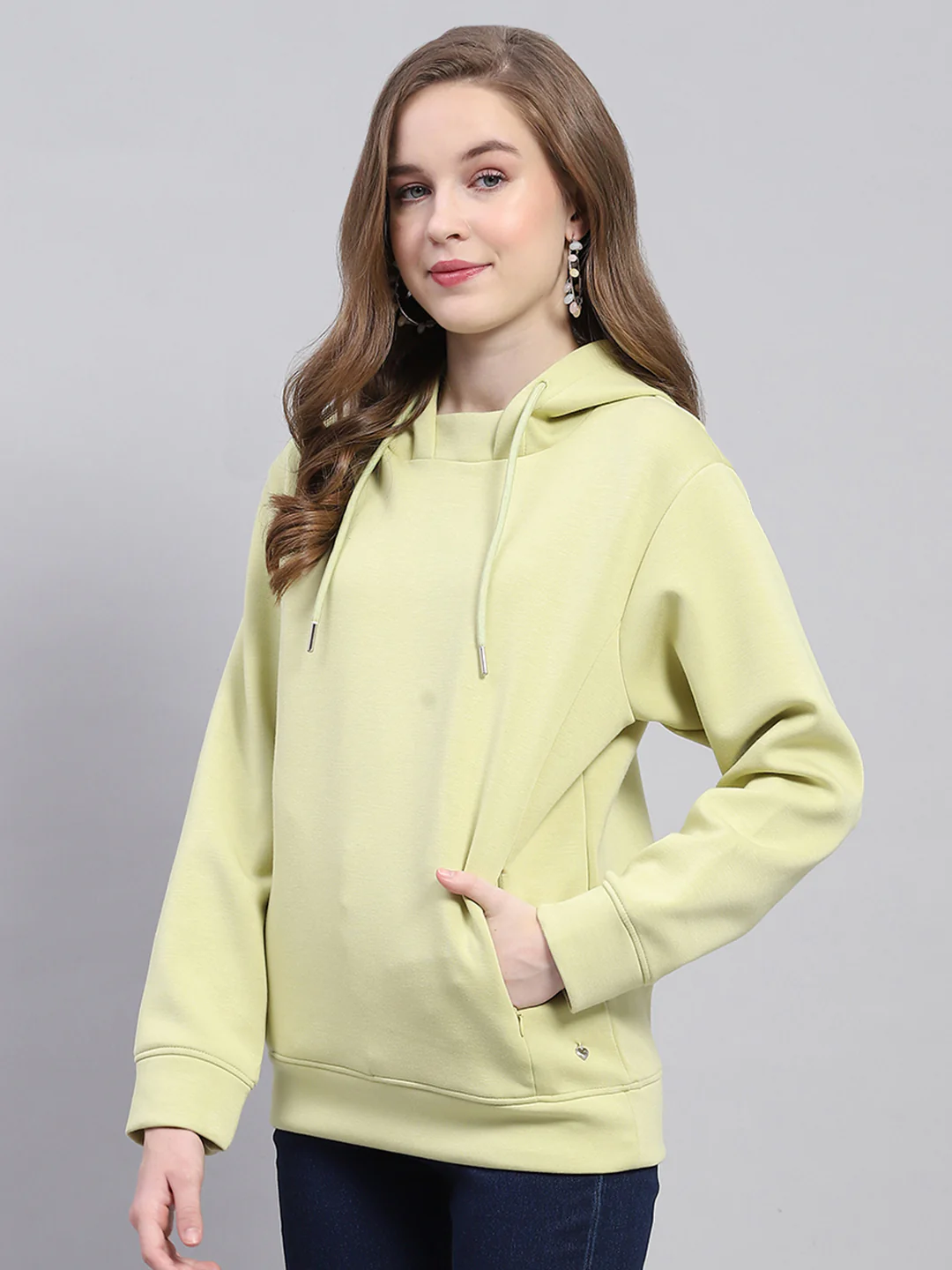 Women Green Solid Hooded Full Sleeve Sweatshirt - Image 3