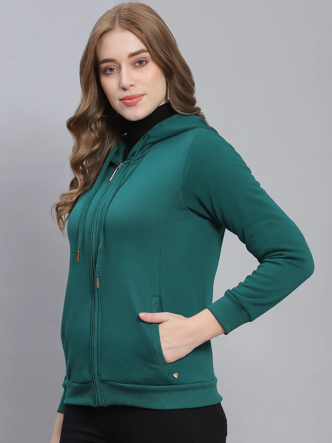 Women Green Solid Hooded Full Sleeve Sweatshirts - Image 4