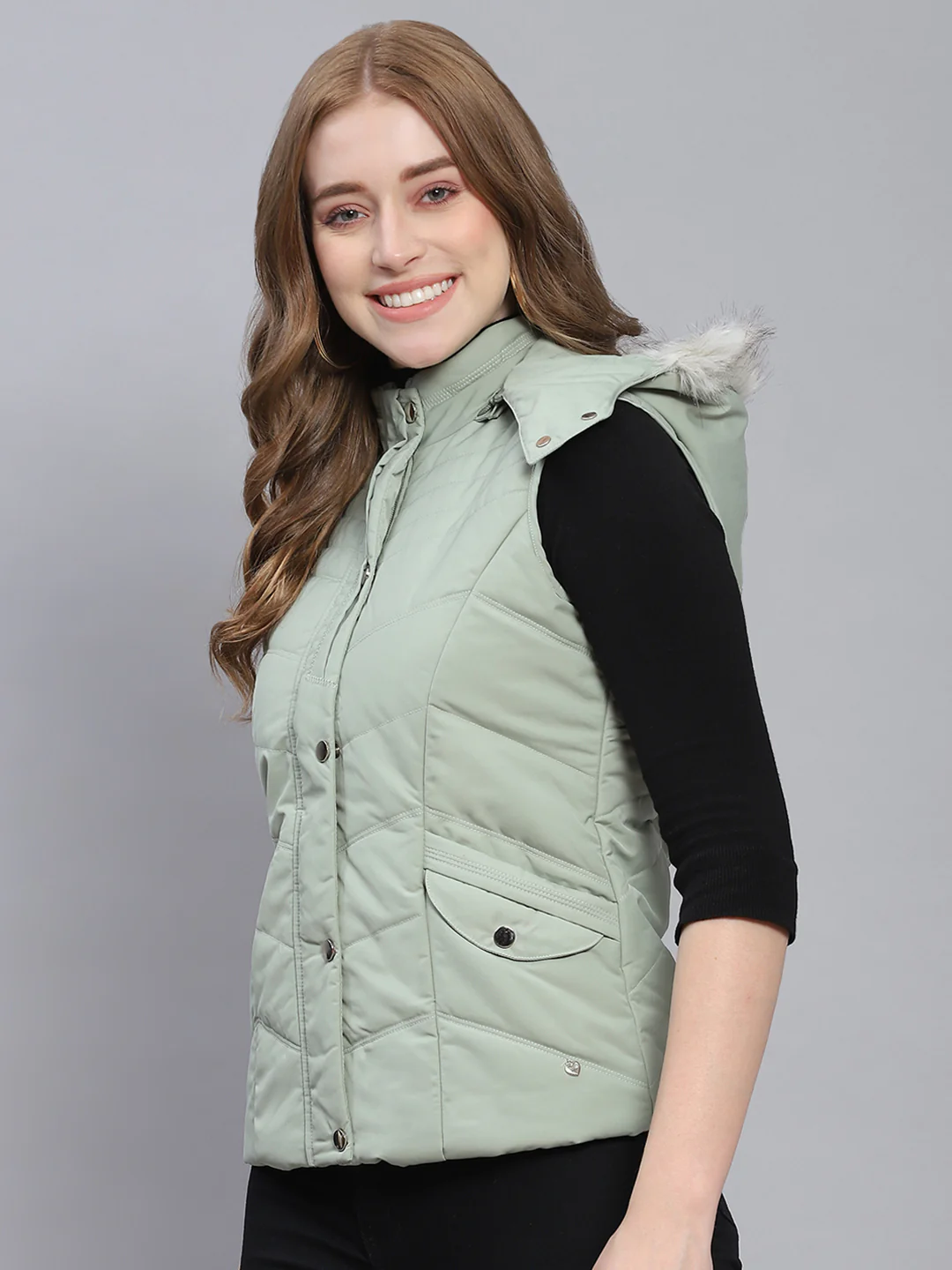 Women Green Solid Hooded Sleeveless Jackets - Image 3