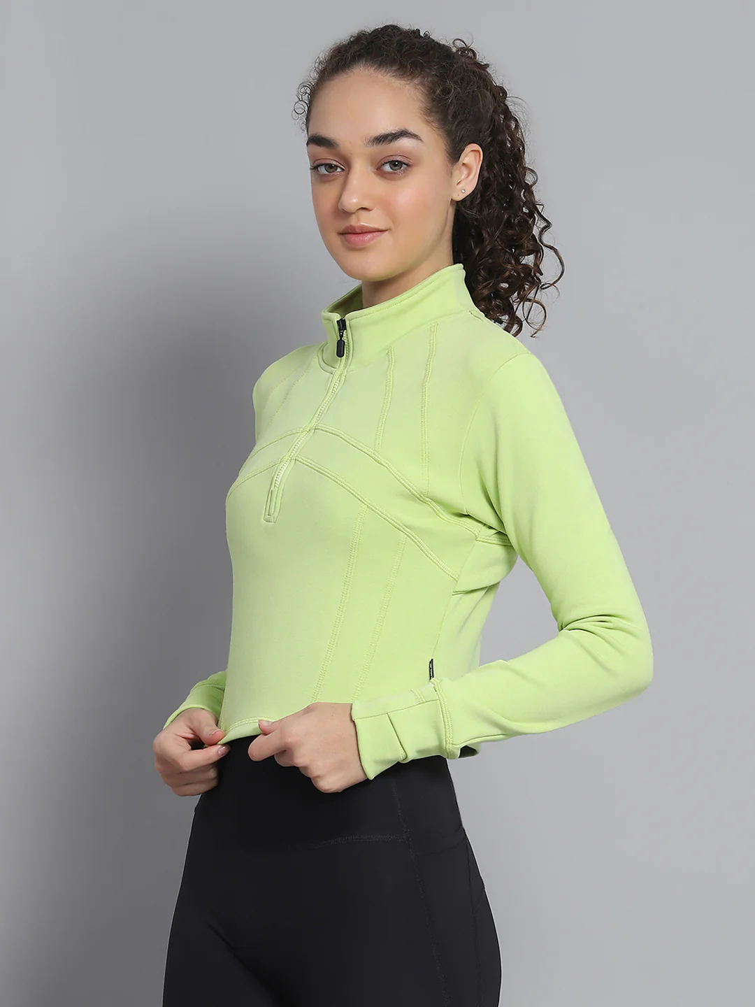Rock.it Women Green Solid Mock Neck Full Sleeve Sweatshirt - Image 3