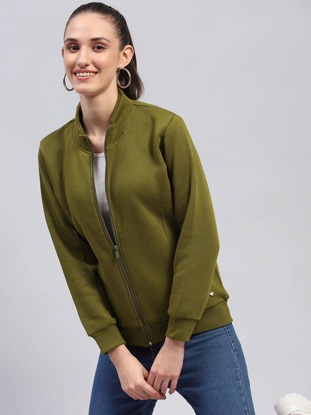 Women Green Solid Mock Neck Full Sleeve Sweatshirt - Image 6