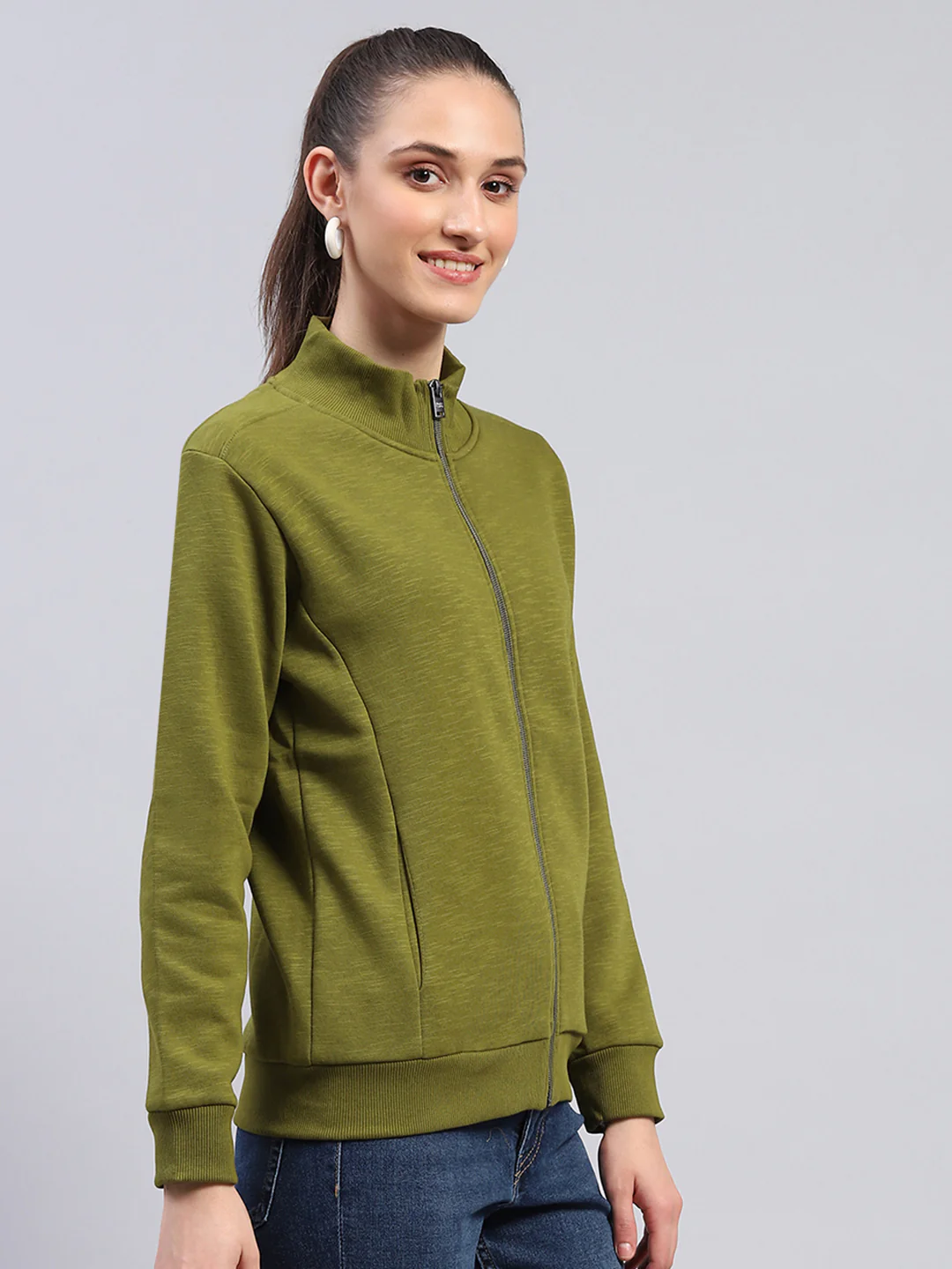 Women Green Solid Mock Neck Full Sleeve Sweatshirt - Image 4