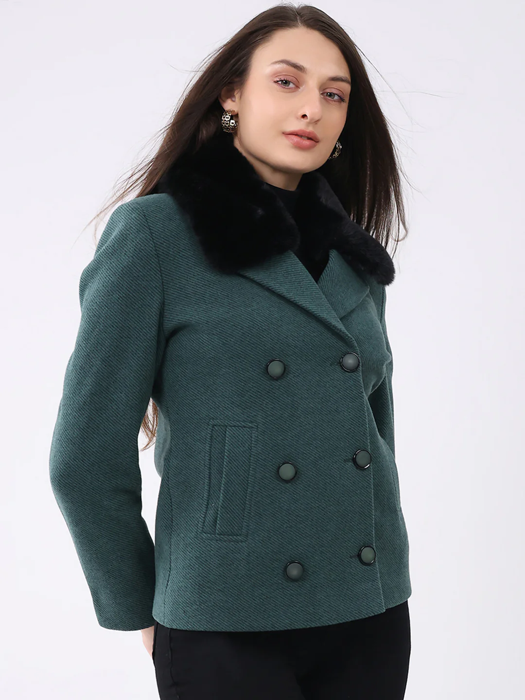 Women Green Solid Notch Lapel Collar Full Sleeve Coat - Image 4