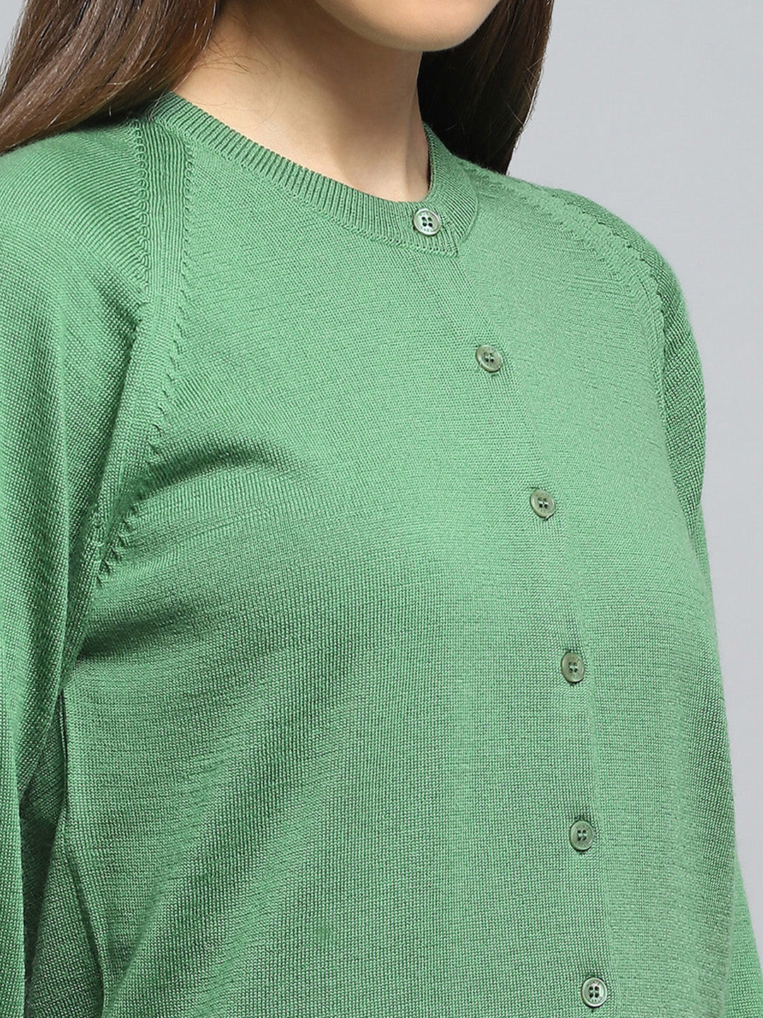 Women Green Solid Round Neck Full Sleeve Cardigan - Image 6