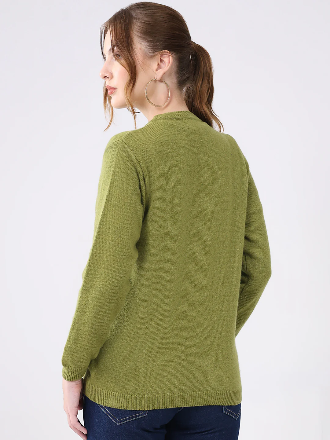 Women Green Solid Round Neck Full Sleeve Cardigan - Image 5