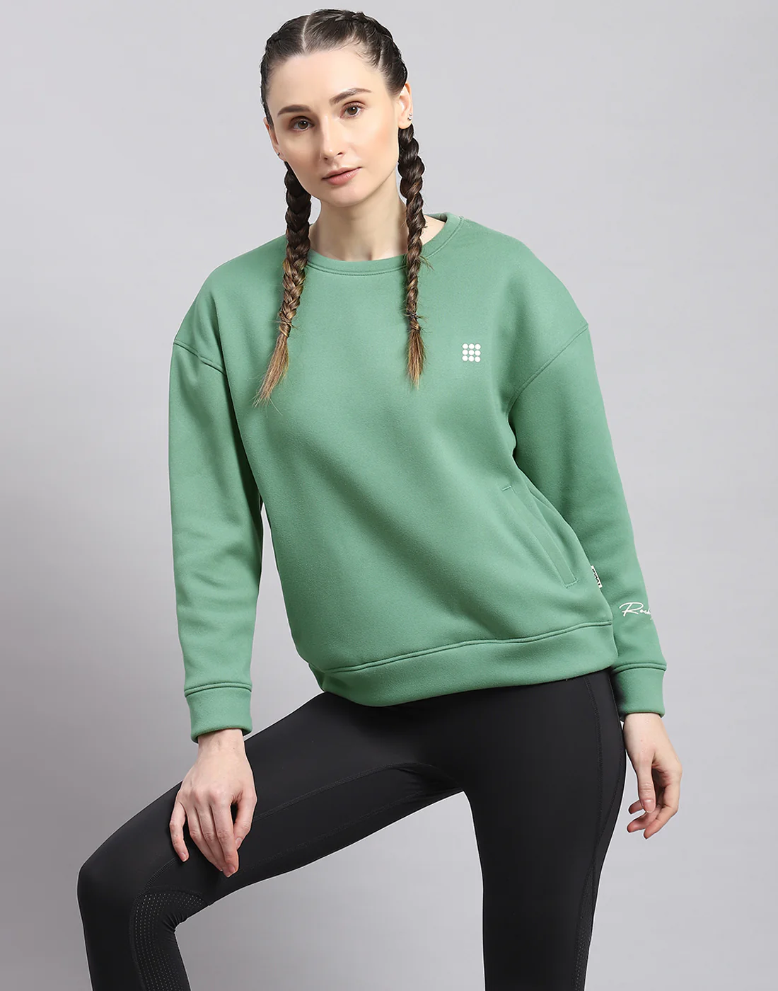 Rock.it Women Green Solid Round Neck Full Sleeve Sweatshirt - Image 6