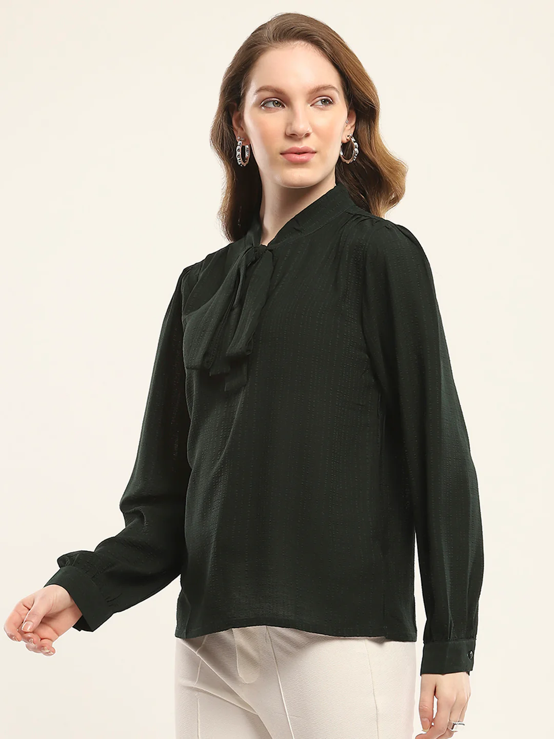 Women Green Solid Round Neck Full Sleeve Winte Top - Image 3