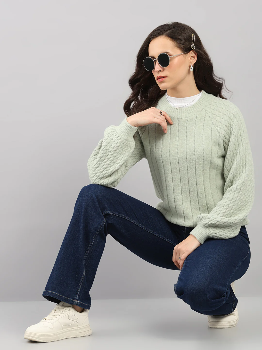 Women Green Solid Round Neck Full Sleeve Winter Top - Image 2
