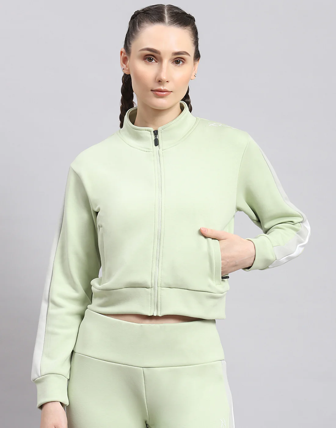 Rock.it Women Green Solid Stand Collar Full Sleeve Sweatshirt - Image 2