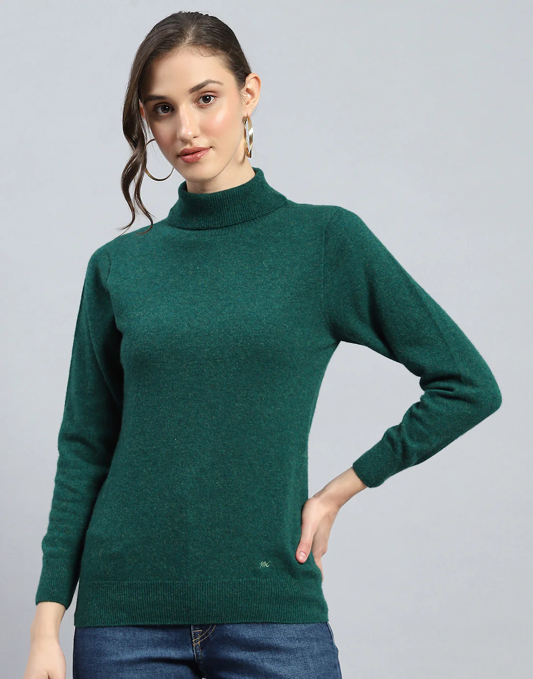 Women Green Solid Turtle Neck Full Sleeve Winter Top - Image 2