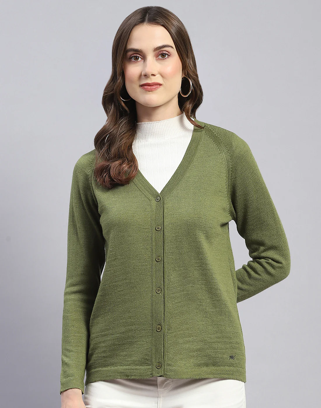 Women Green Solid V Neck Full Sleeve Cardigan - Image 2