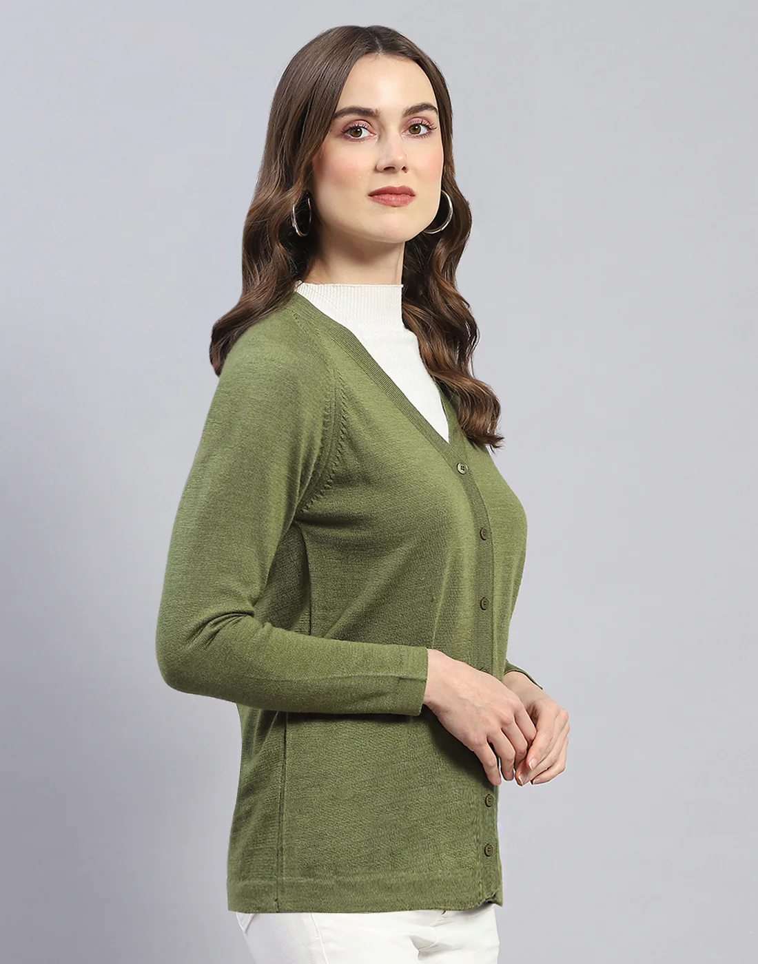 Women Green Solid V Neck Full Sleeve Cardigan - Image 4