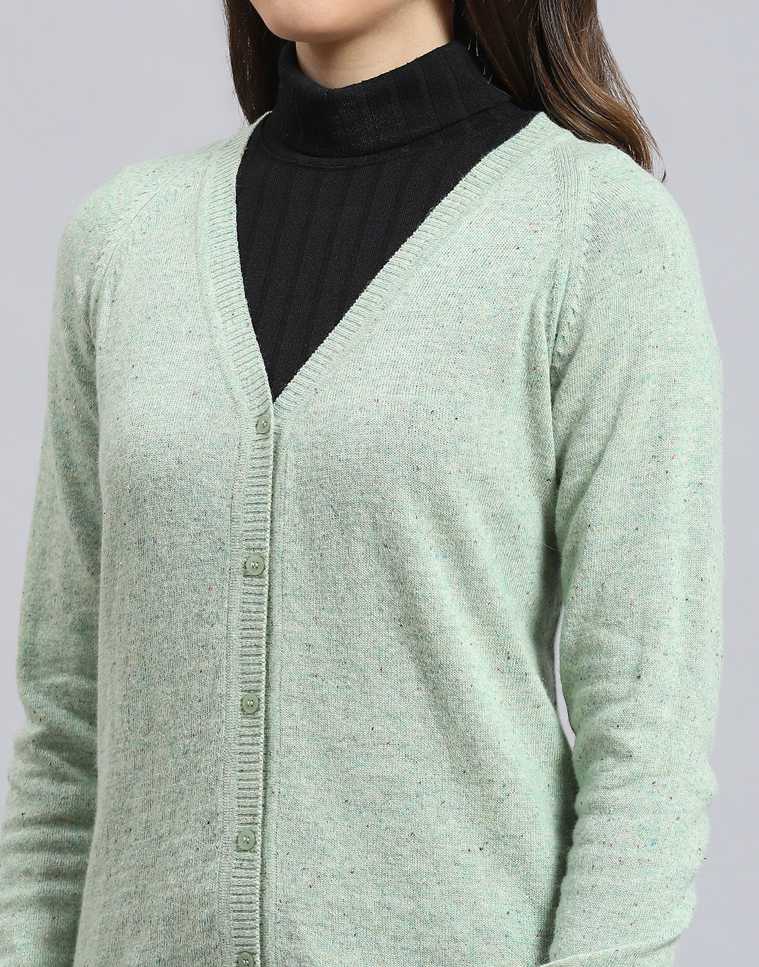 Women Green Solid V Neck Full Sleeve Cardigan - Image 7