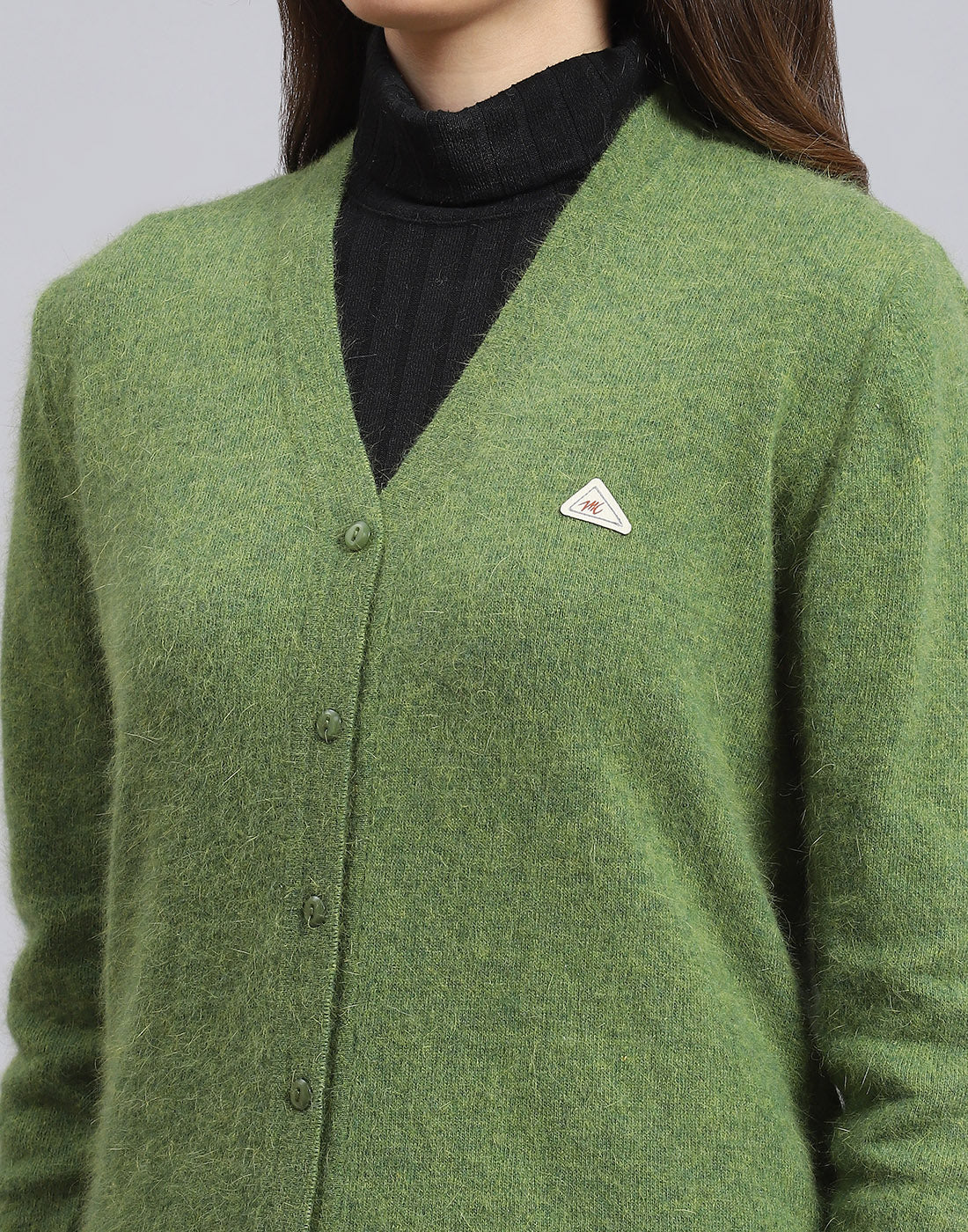 Women Green Solid V Neck Full Sleeve Cardigan - Image 6