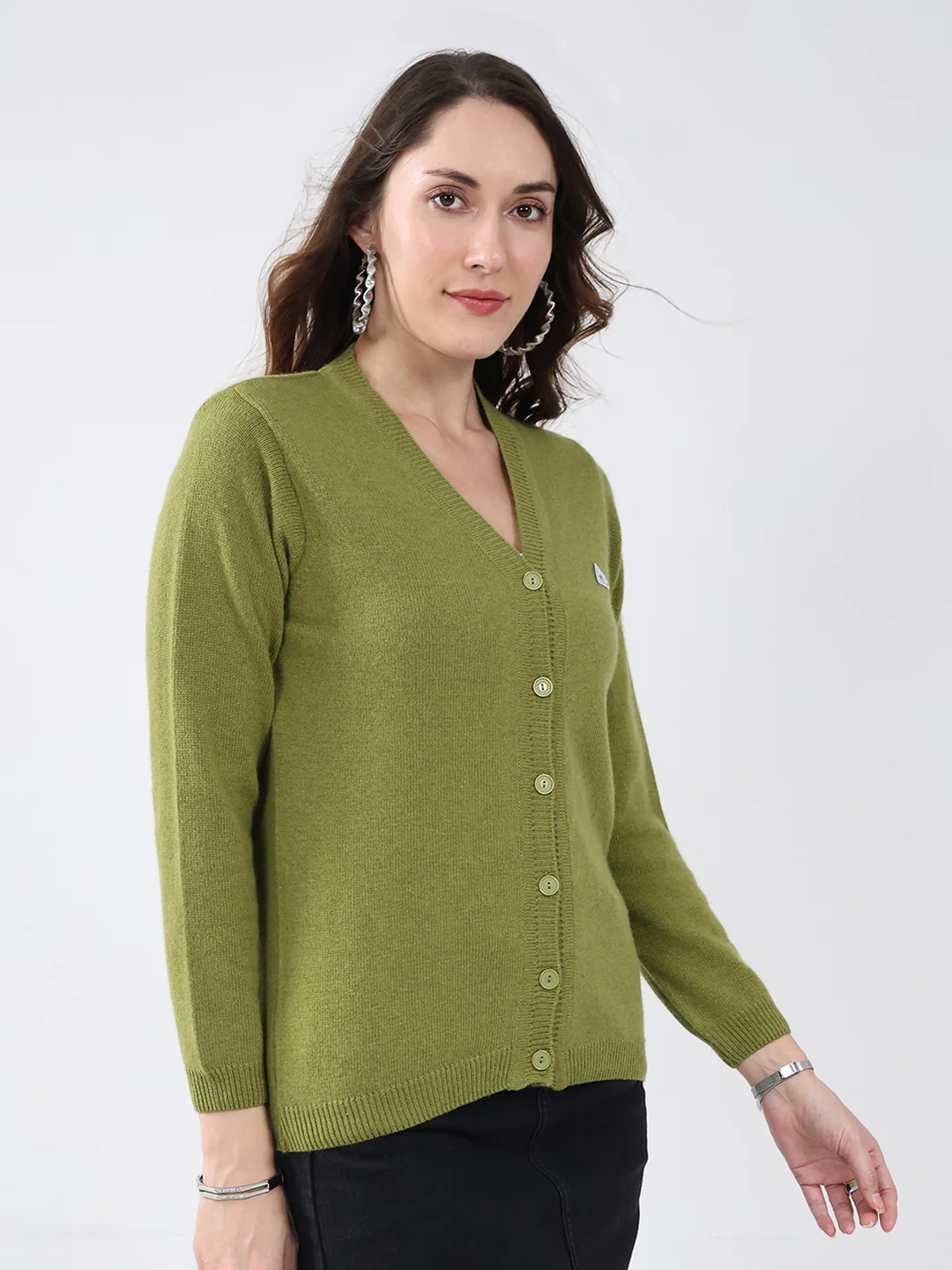 Women Green Solid V Neck Full Sleeve Cardigan - Image 4