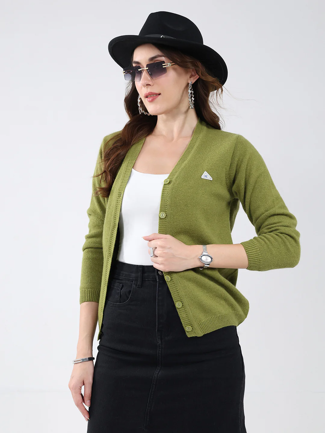 Women Green Solid V Neck Full Sleeve Cardigan - Image 6