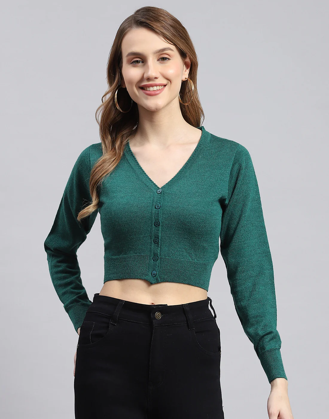 Women Green Solid V Neck Full Sleeve Sweater - Image 2
