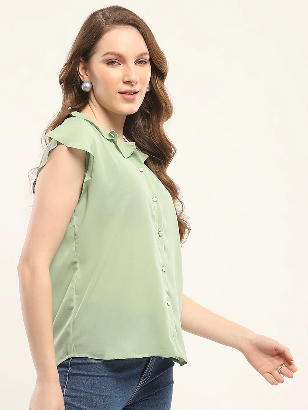Women Green Solid V Neck Sleeveless Winte Top - Image 4