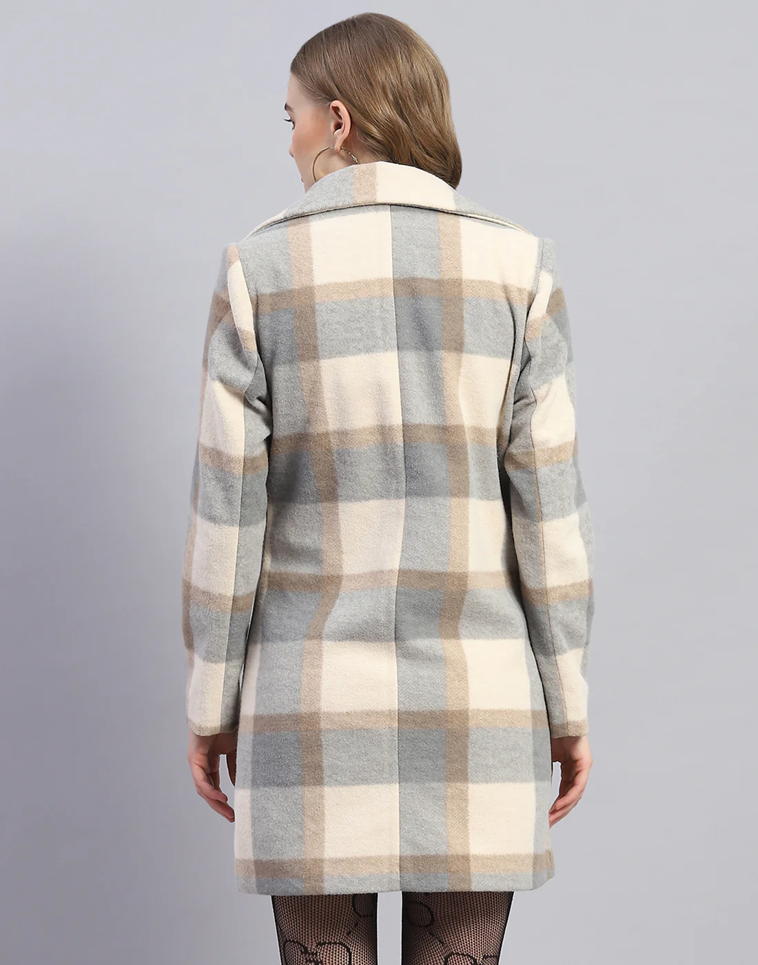 Women Grey Check Lapel Collar Full Sleeve Coat - Image 5