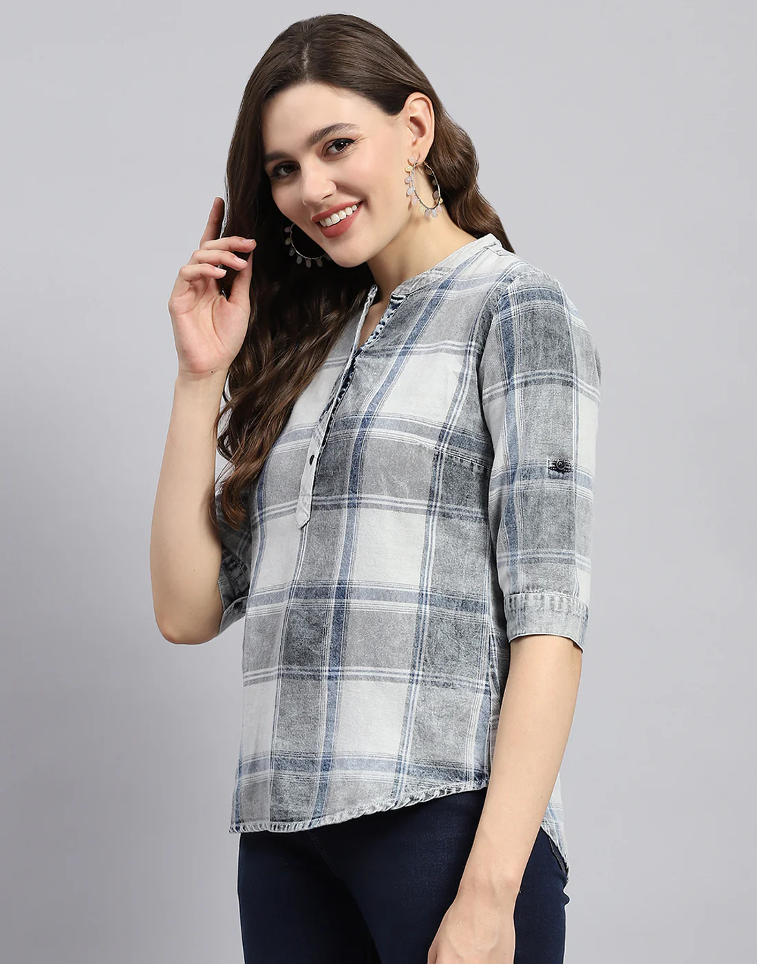 Women Grey Check Mandarin Neck Half Sleeve Top - Image 3