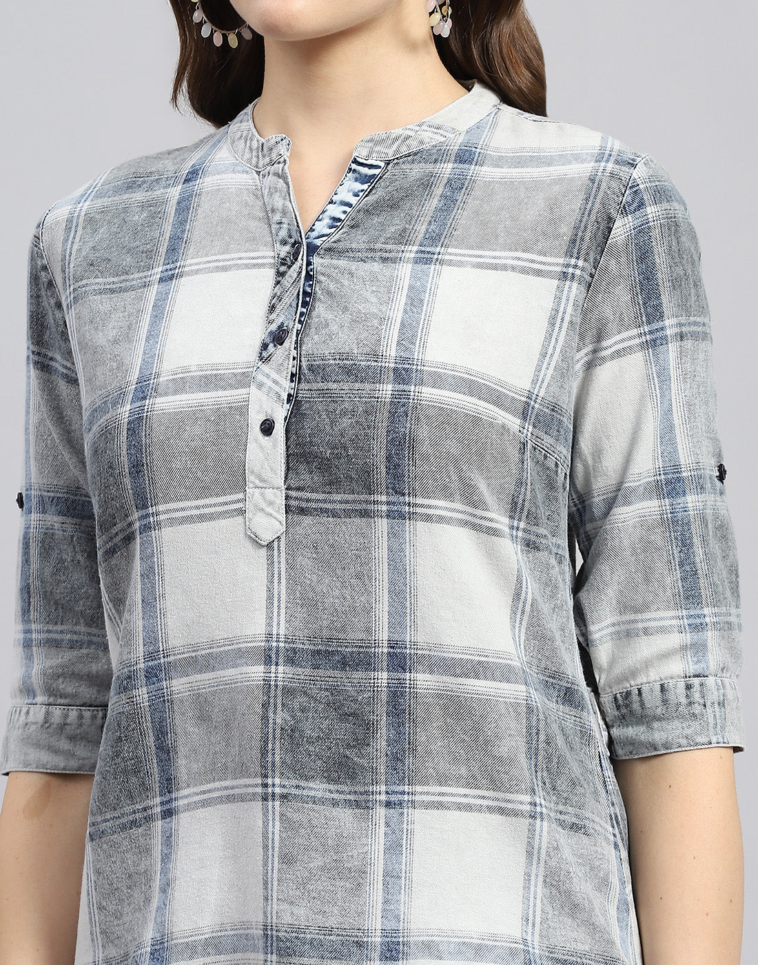 Women Grey Check Mandarin Neck Half Sleeve Top - Image 6