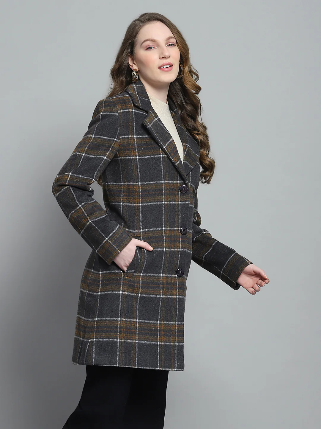Women Grey Check Notch Lapel Collar Full Sleeve Coat - Image 4