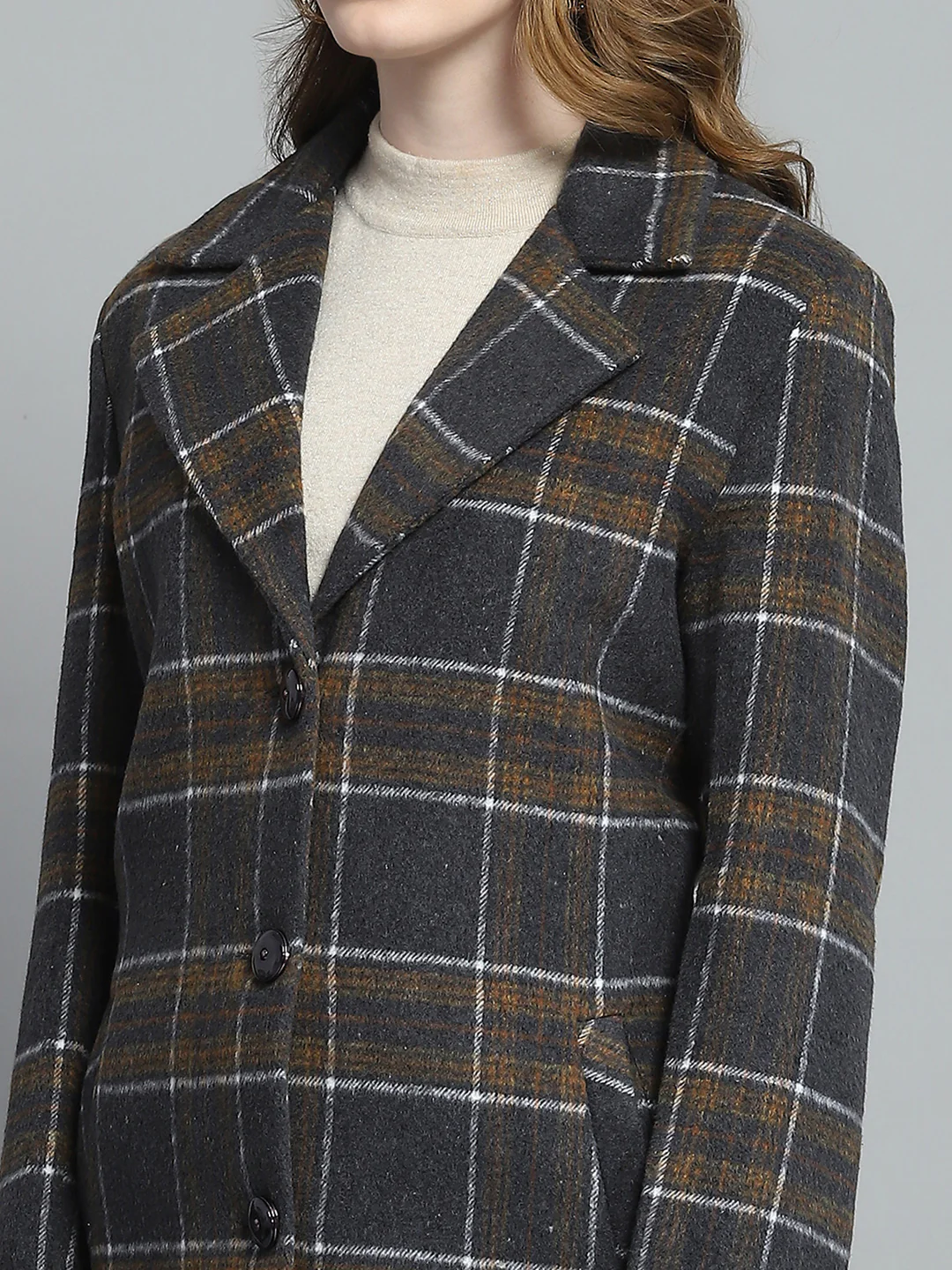 Women Grey Check Notch Lapel Collar Full Sleeve Coat - Image 7
