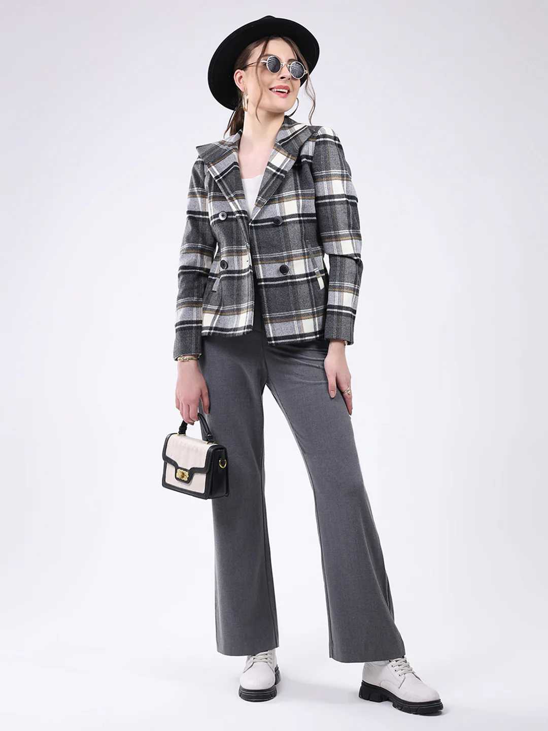Women Grey Check Notch Lapel Collar Full Sleeve Coat - Image 2