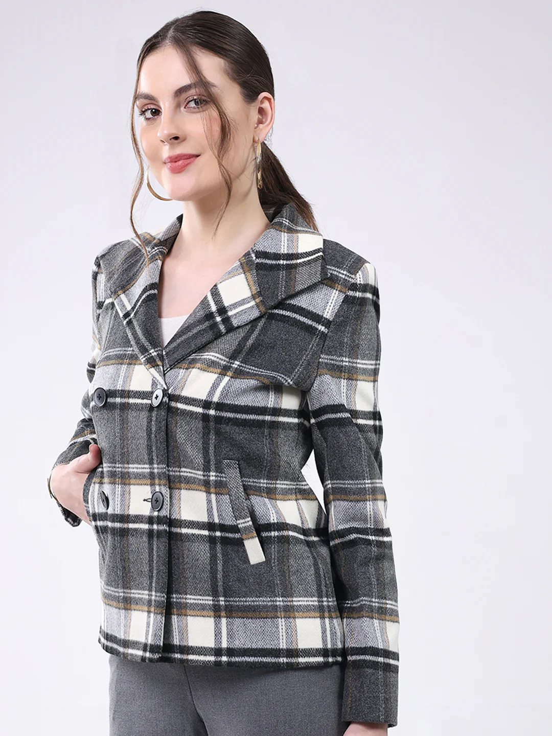 Women Grey Check Notch Lapel Collar Full Sleeve Coat - Image 3