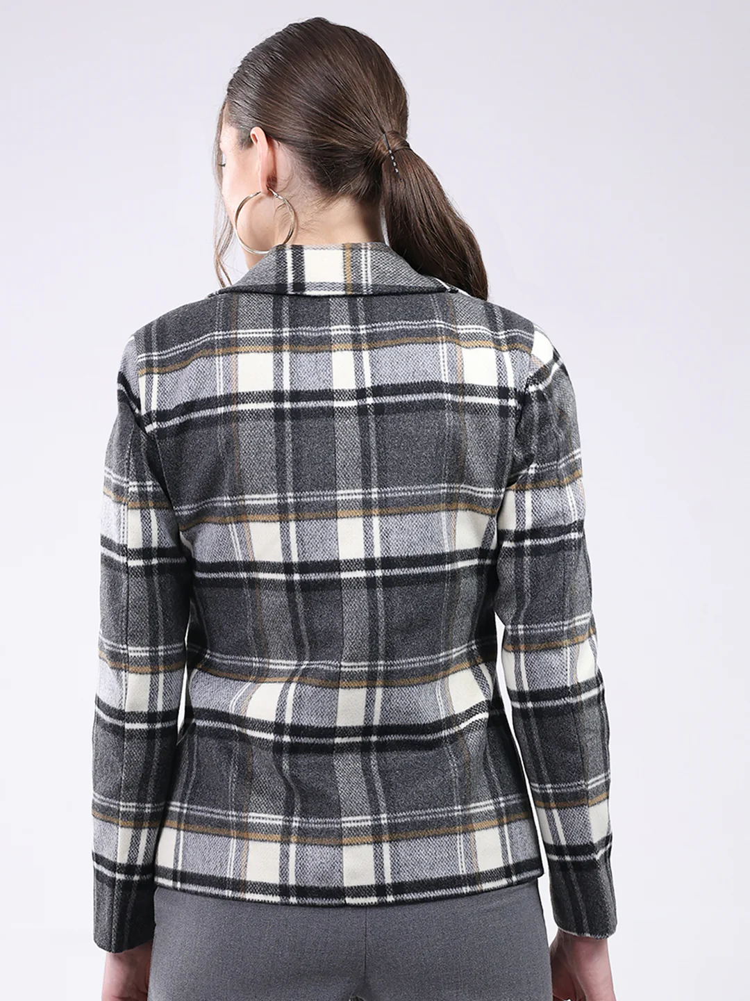 Women Grey Check Notch Lapel Collar Full Sleeve Coat - Image 5
