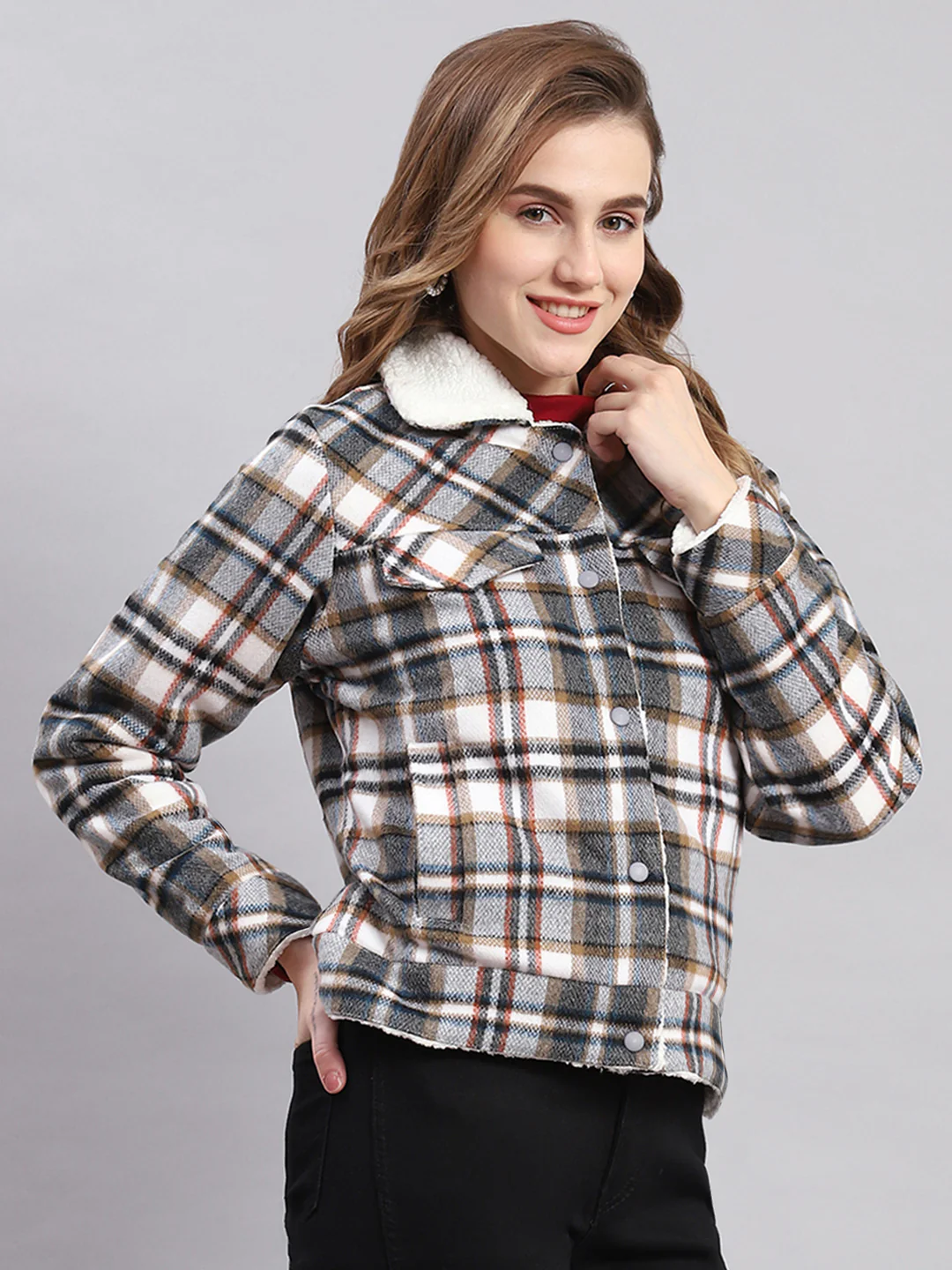 Women Grey Check Spread Collar Full Sleeve Jackets - Image 5