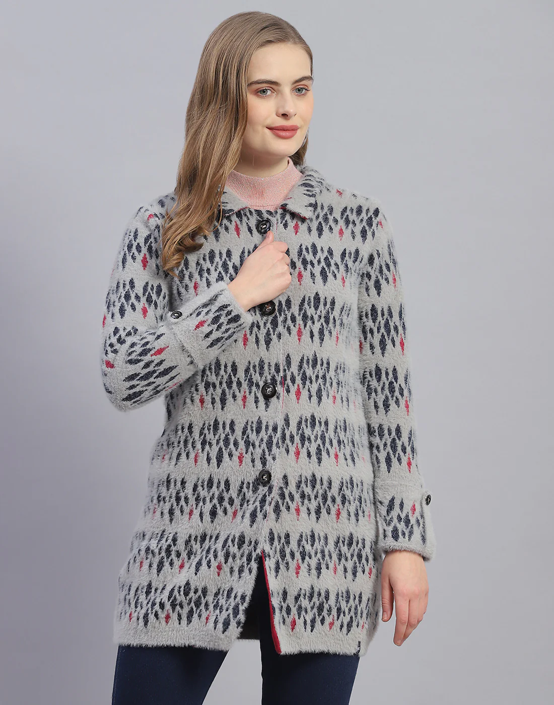 Women Grey Jaquard Collar Full Sleeve Coat - Image 2