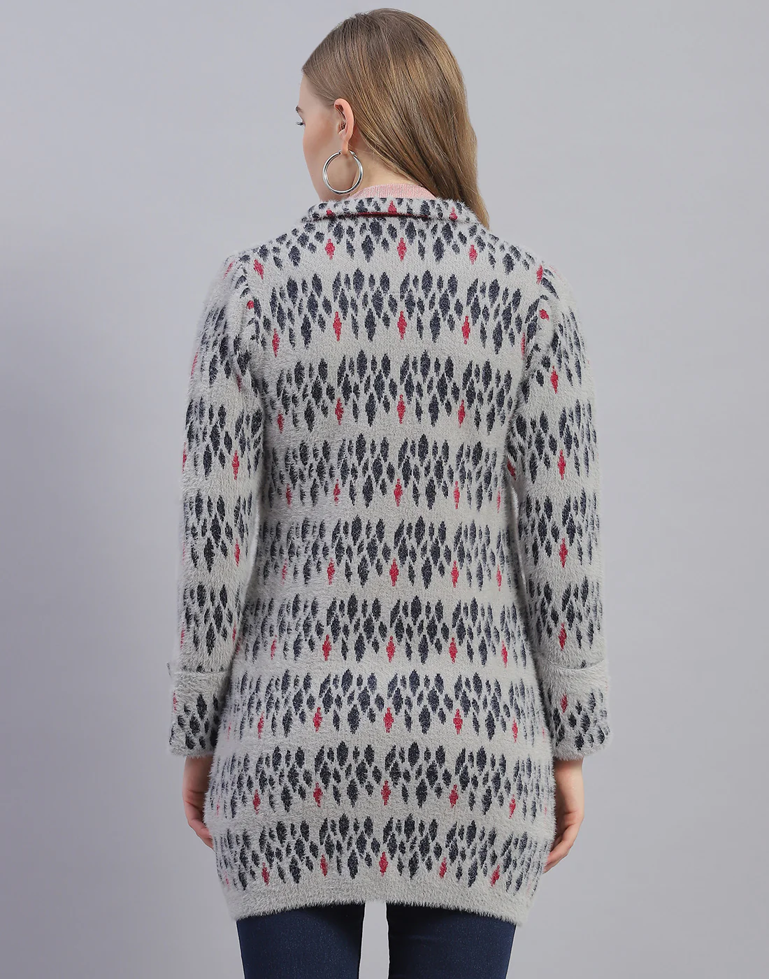 Women Grey Jaquard Collar Full Sleeve Coat - Image 5