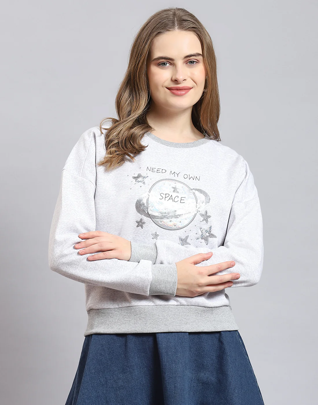 Women Grey Melange Embellished Round Neck Full Sleeve Sweatshirt - Image 4