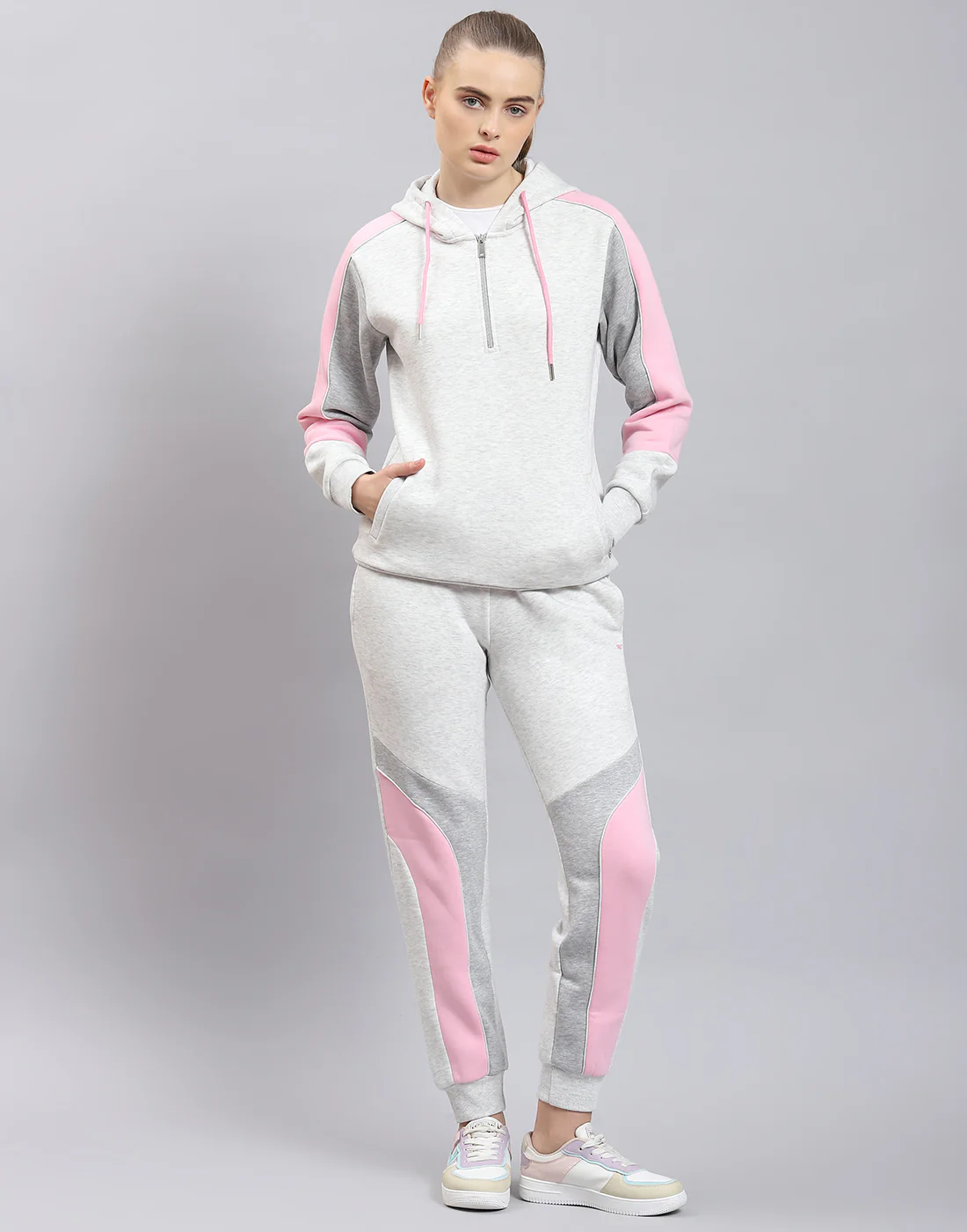 Women Grey Melange Solid Hooded Full Sleeve Tracksuit - Image 2