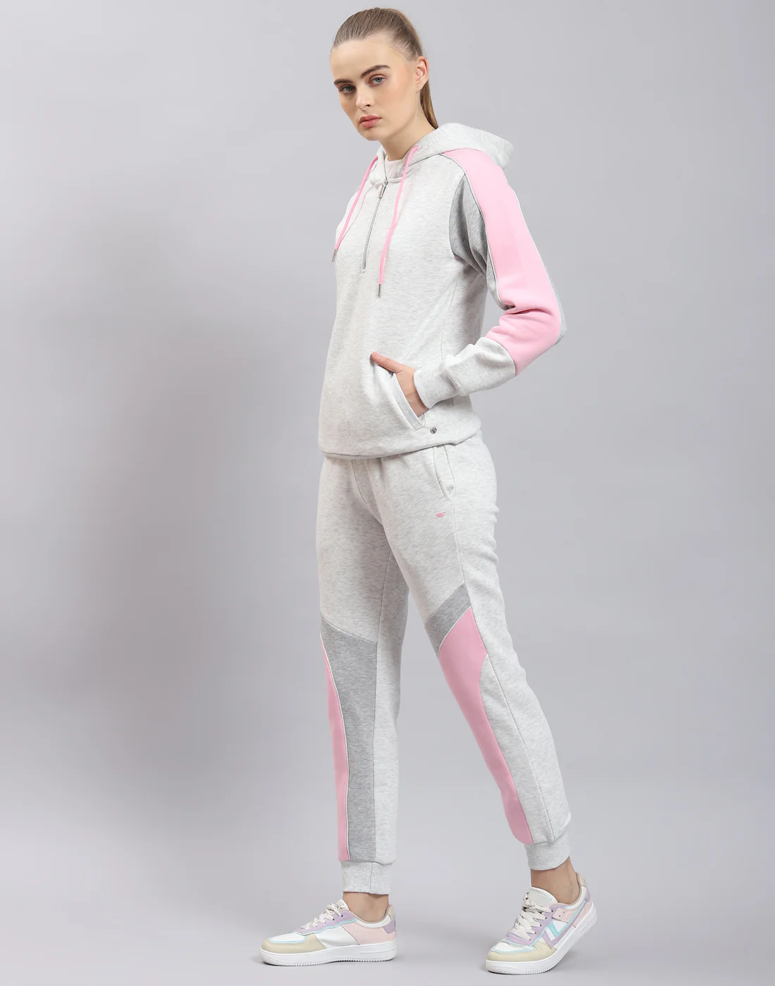 Women Grey Melange Solid Hooded Full Sleeve Tracksuit - Image 3