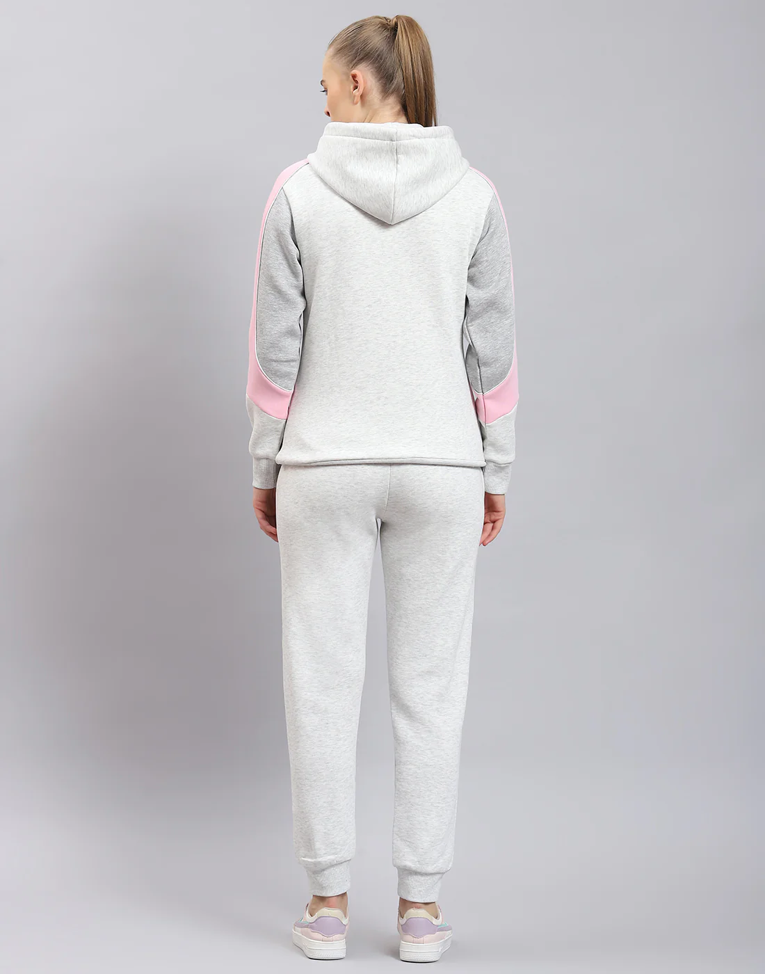 Women Grey Melange Solid Hooded Full Sleeve Tracksuit - Image 5
