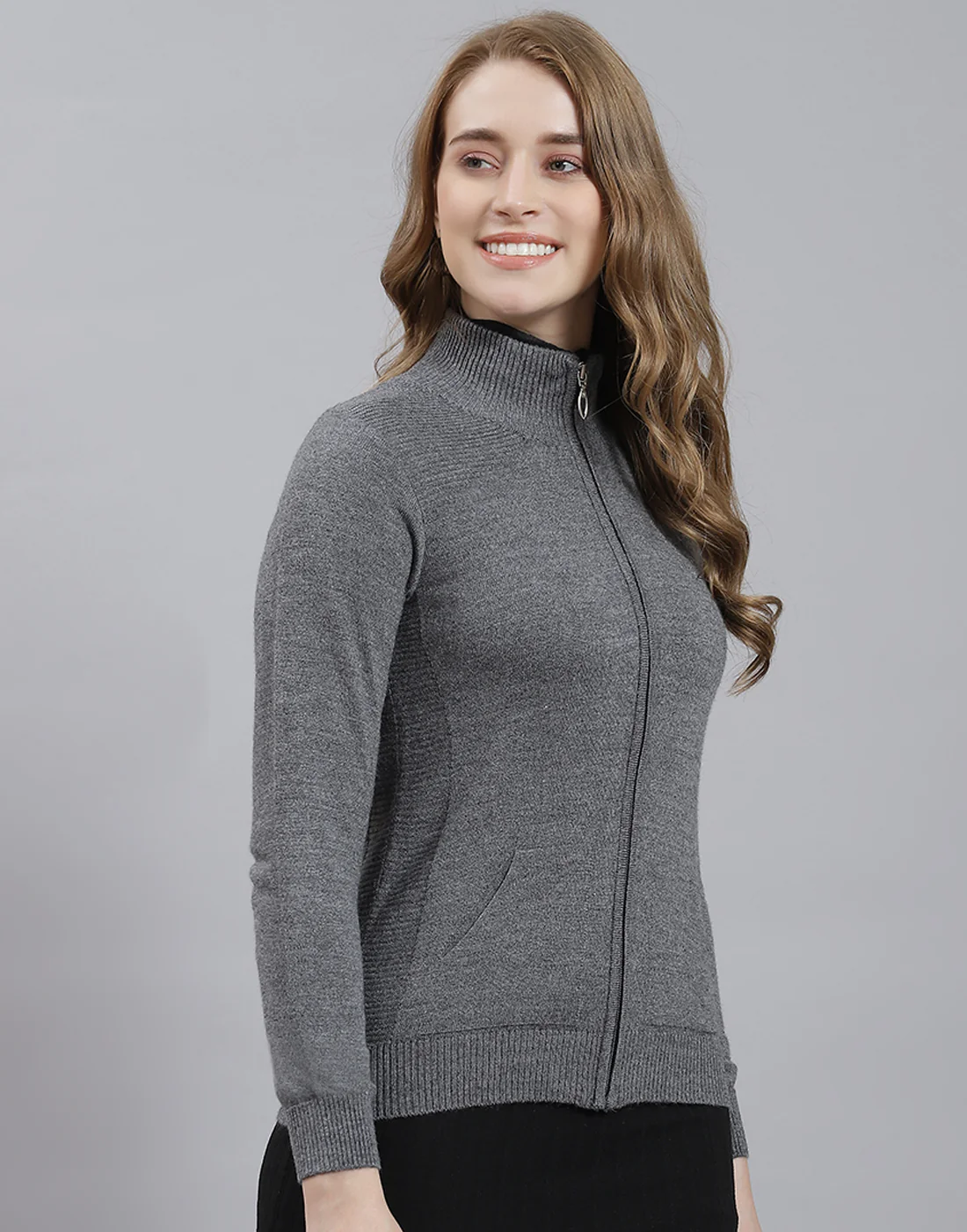 Women Grey Melange Solid Stand Collar Full Sleeve Cardigan - Image 4