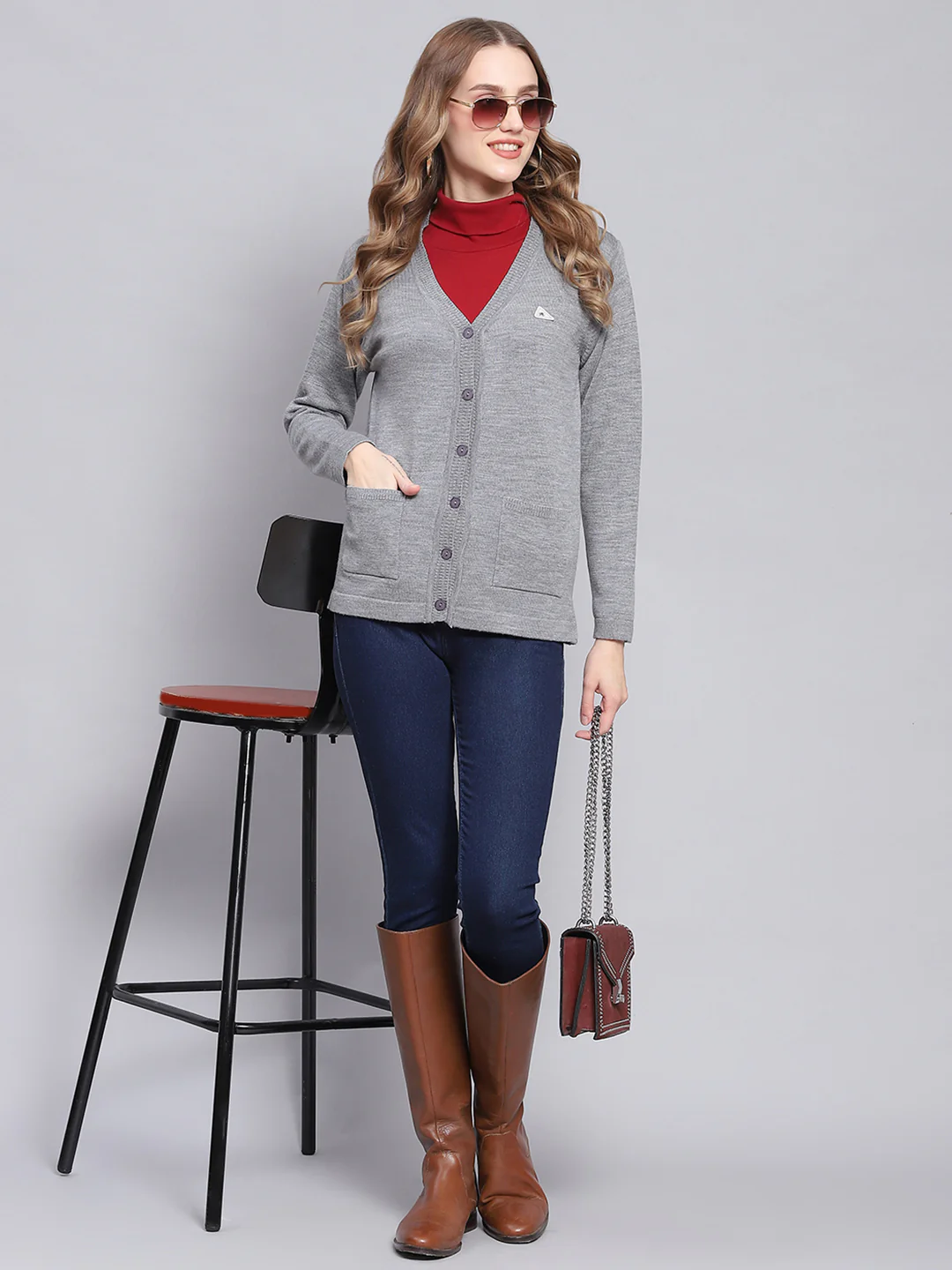 Women Grey Melange Solid V Neck Full Sleeve Cardigans - Image 2