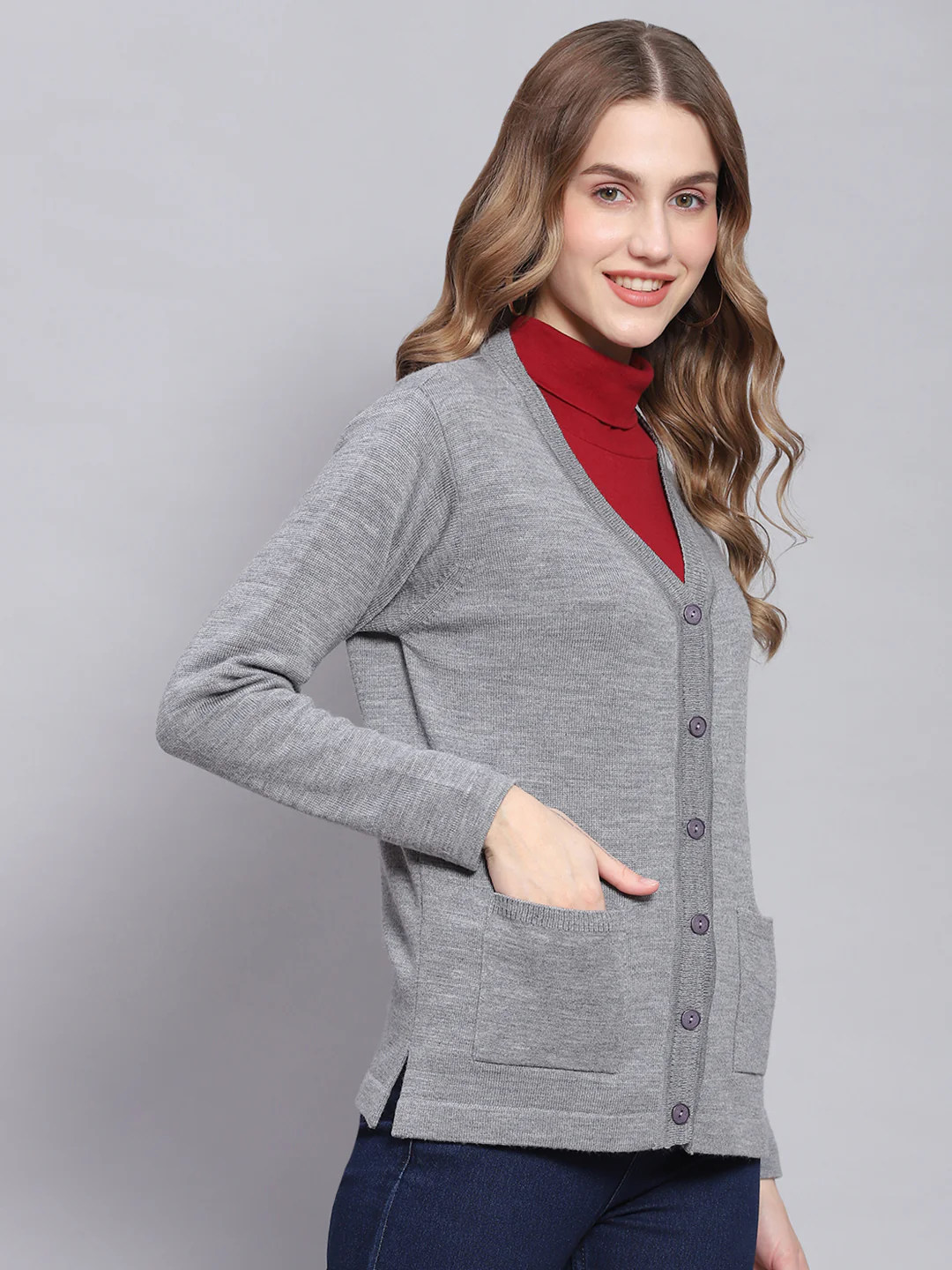 Women Grey Melange Solid V Neck Full Sleeve Cardigans - Image 4