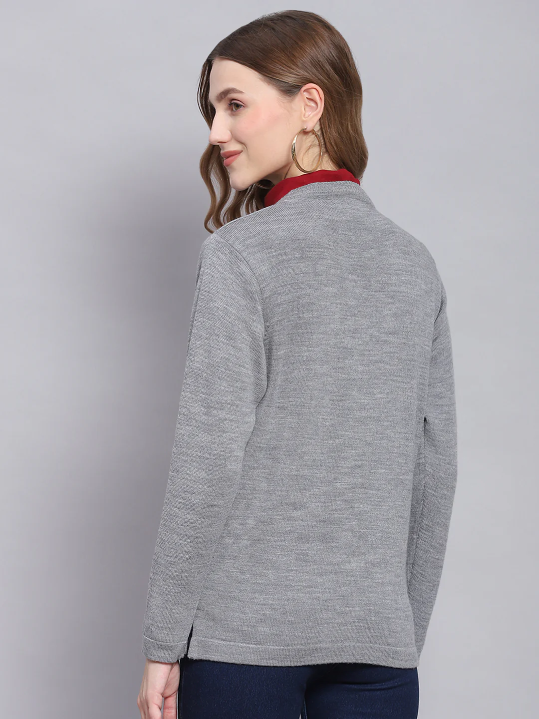 Women Grey Melange Solid V Neck Full Sleeve Cardigans - Image 5