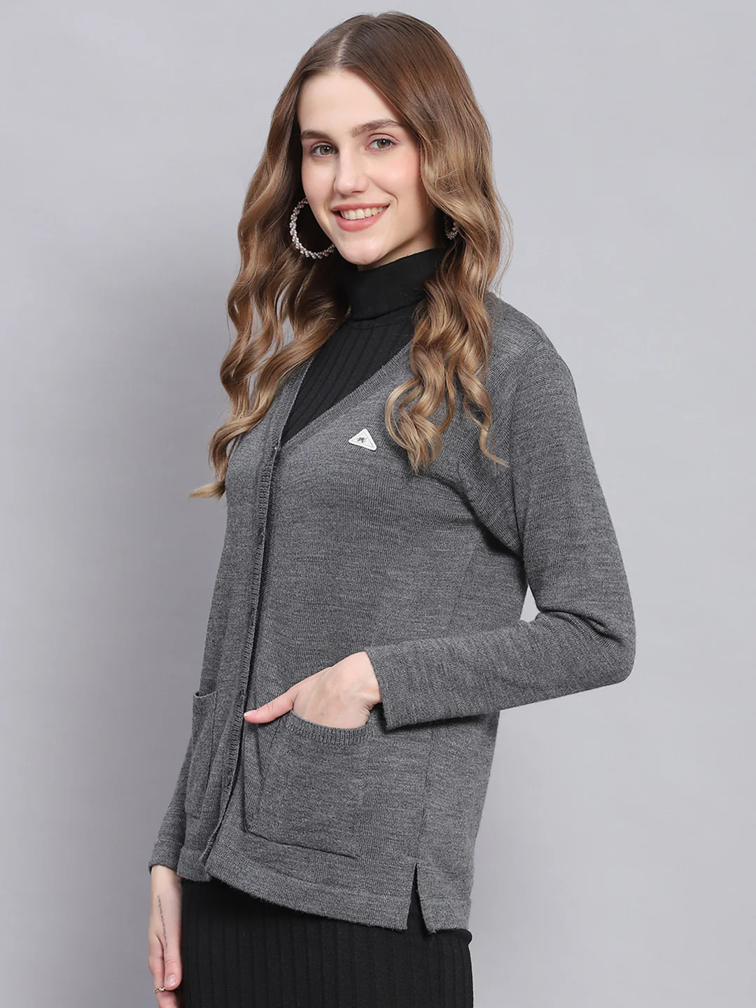 Women Grey Melange Solid V Neck Full Sleeve Cardigans - Image 3