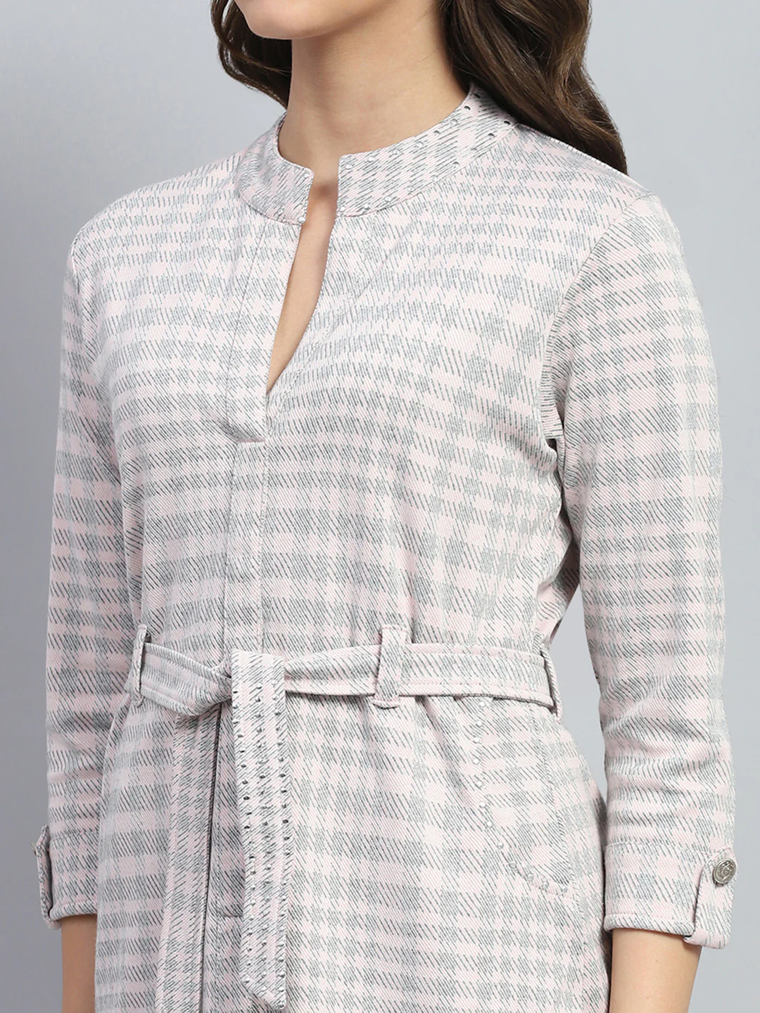 Women Grey & Pink Stripe Round Neck 3/4th Sleeve Dress - Image 6